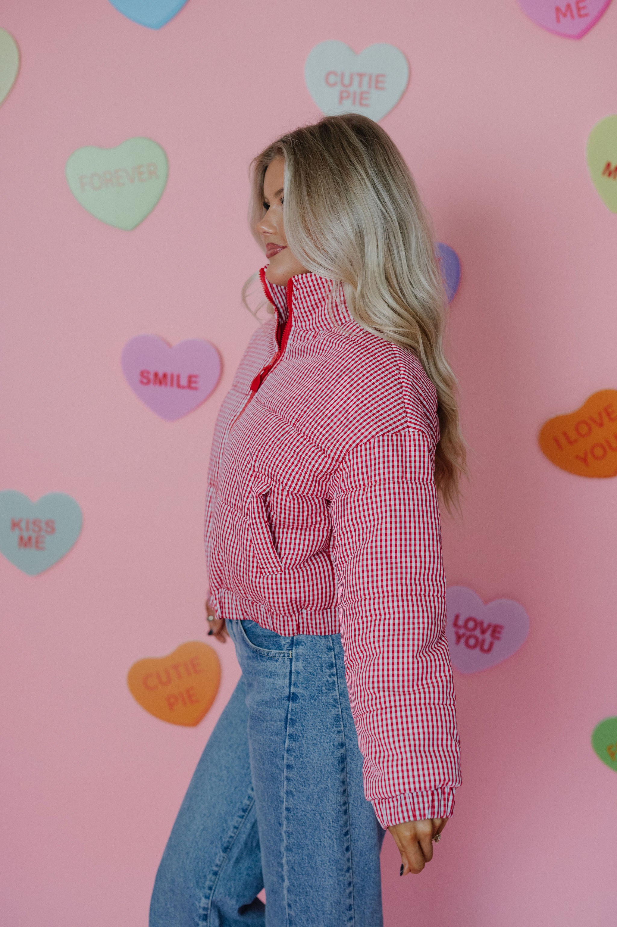 Hollen Gingham Puffer Jacket-Red/White