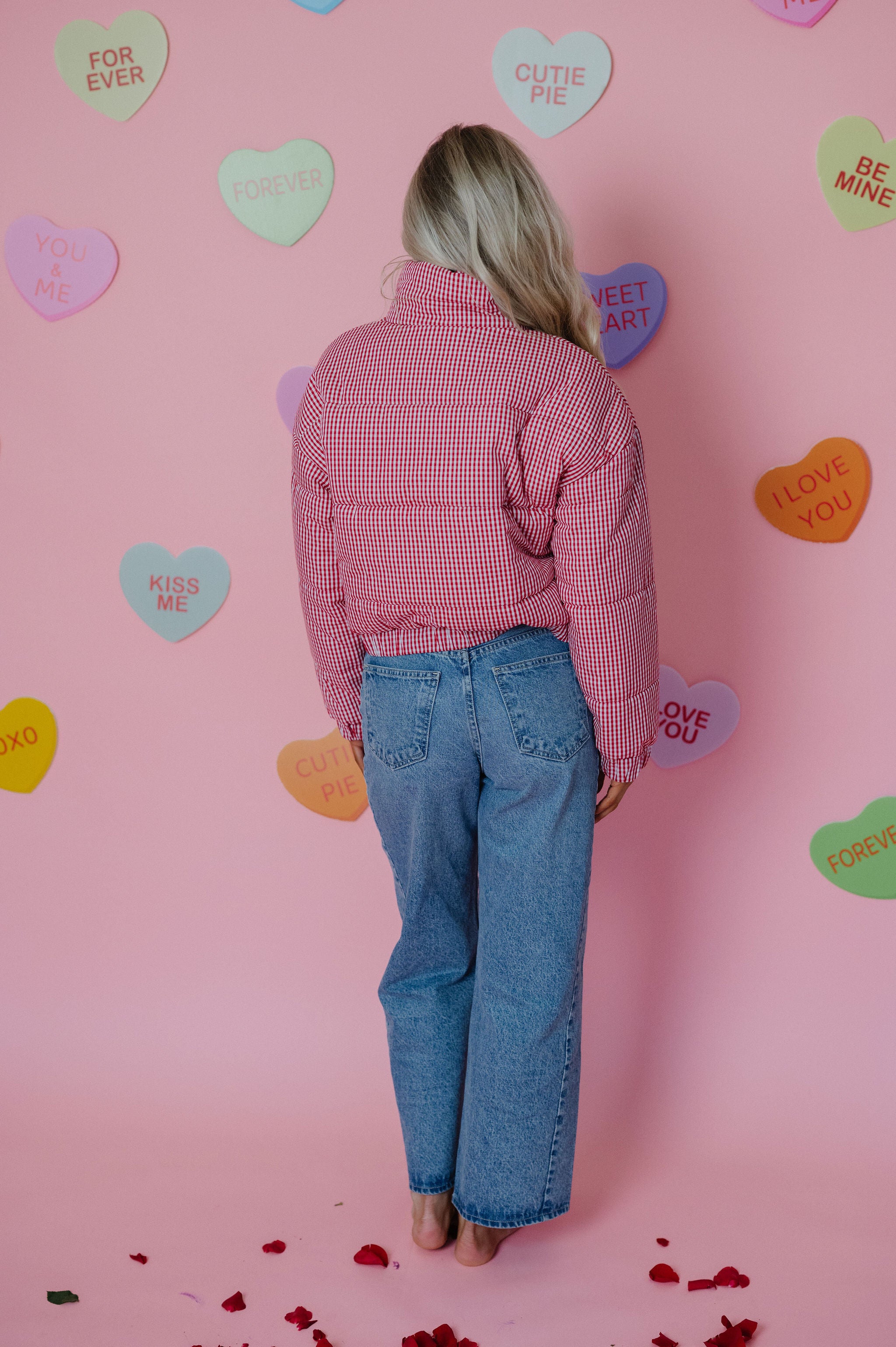 Hollen Gingham Puffer Jacket-Red/White