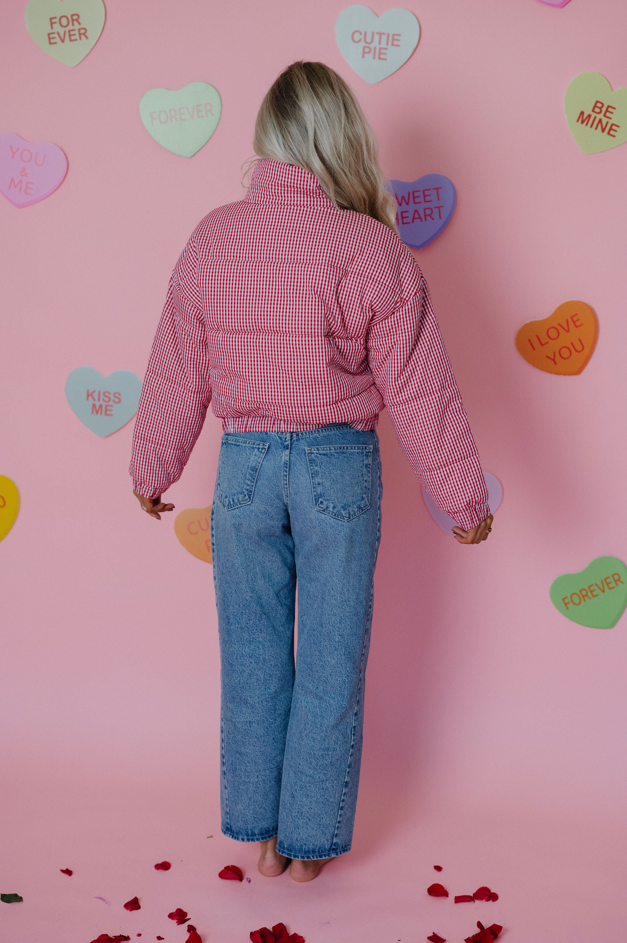 Hollen Gingham Puffer Jacket-Red/White