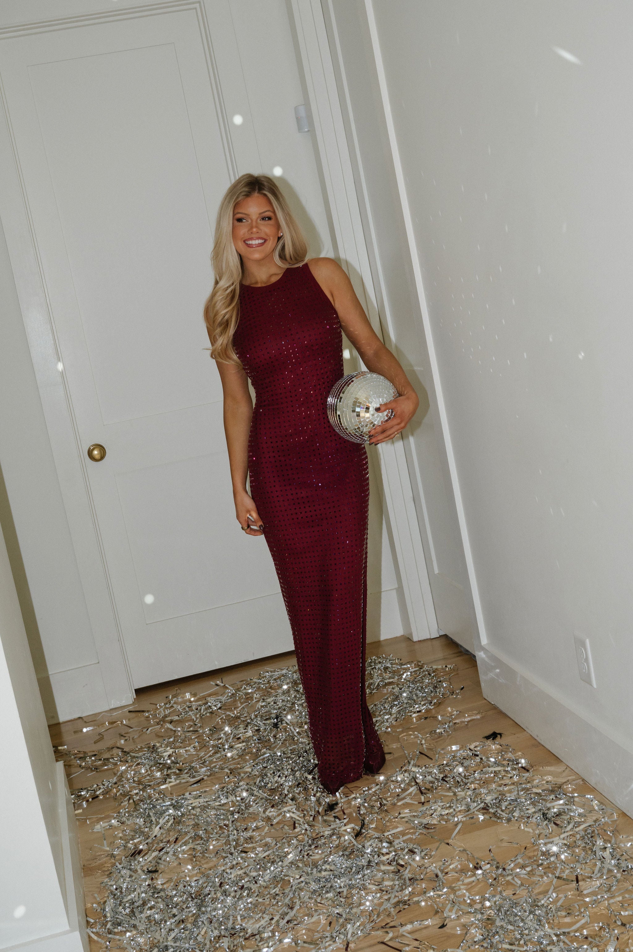 Holiday Rhinestone Maxi Dress-Burgundy