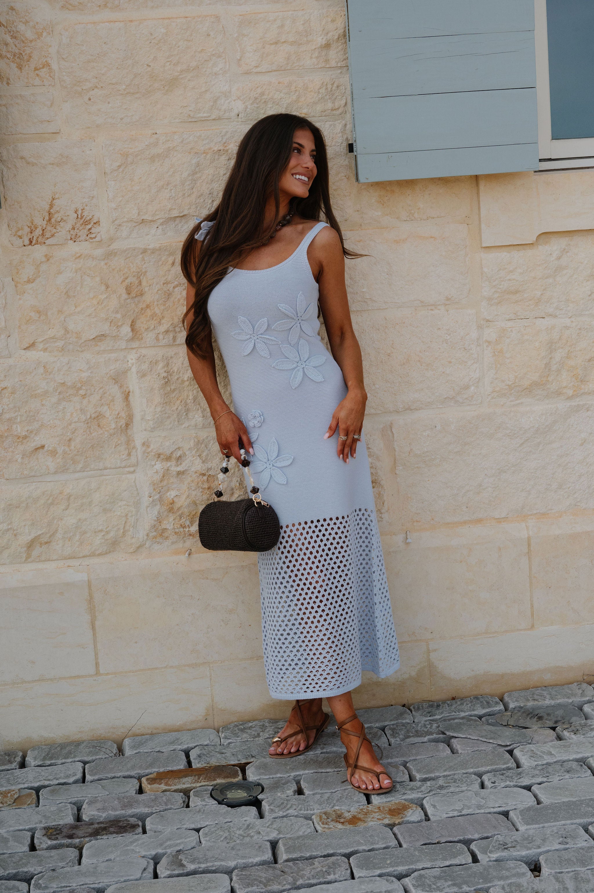 Floral Applique Knit Maxi Dress-Sky