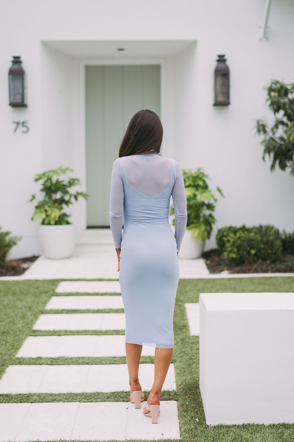 Mock Neck Mesh Midi Dress- Chambray
