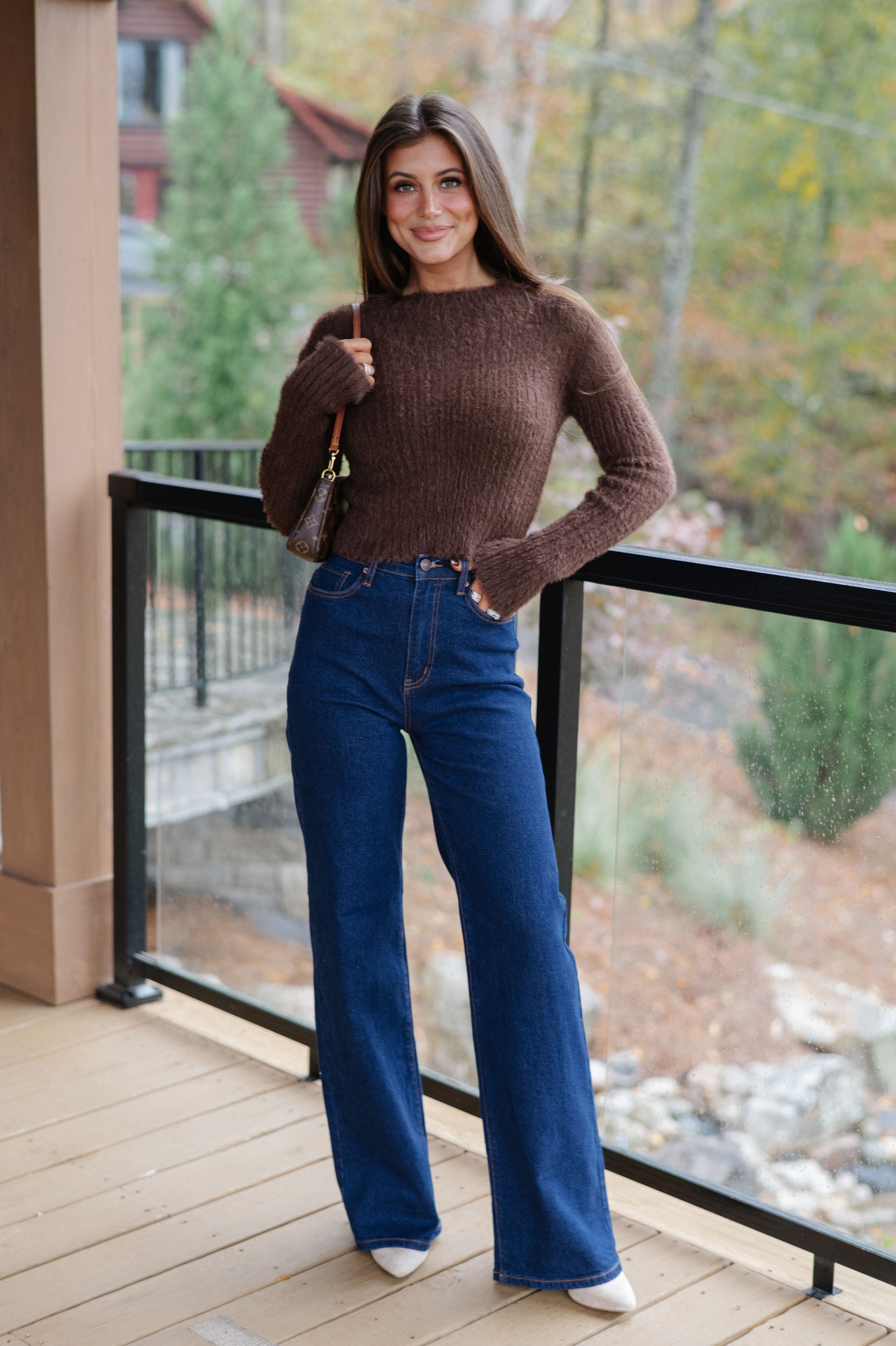 Francie Fuzzy Cropped Sweater-Brown