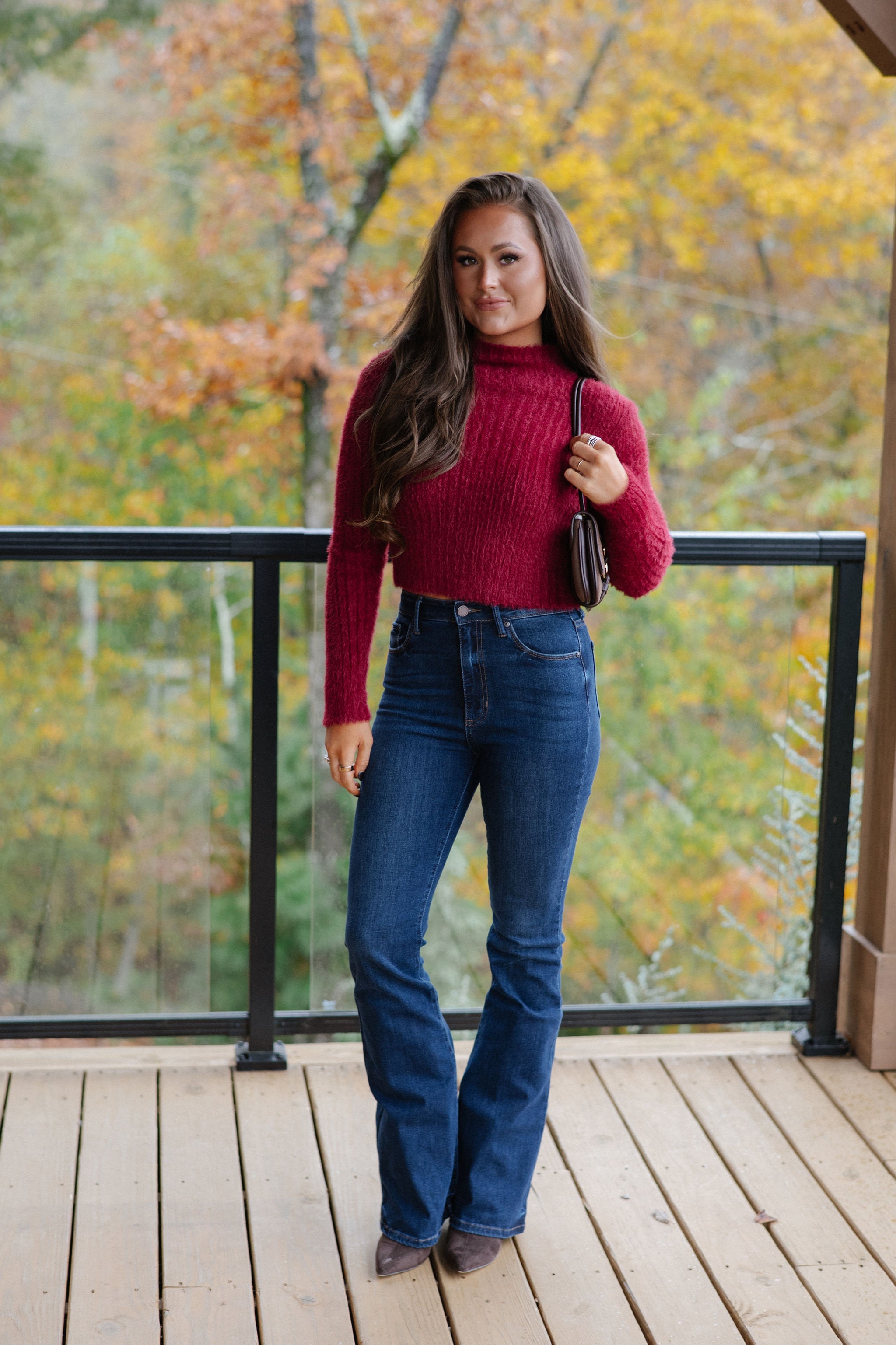 Francie Fuzzy Cropped Sweater-Burgundy