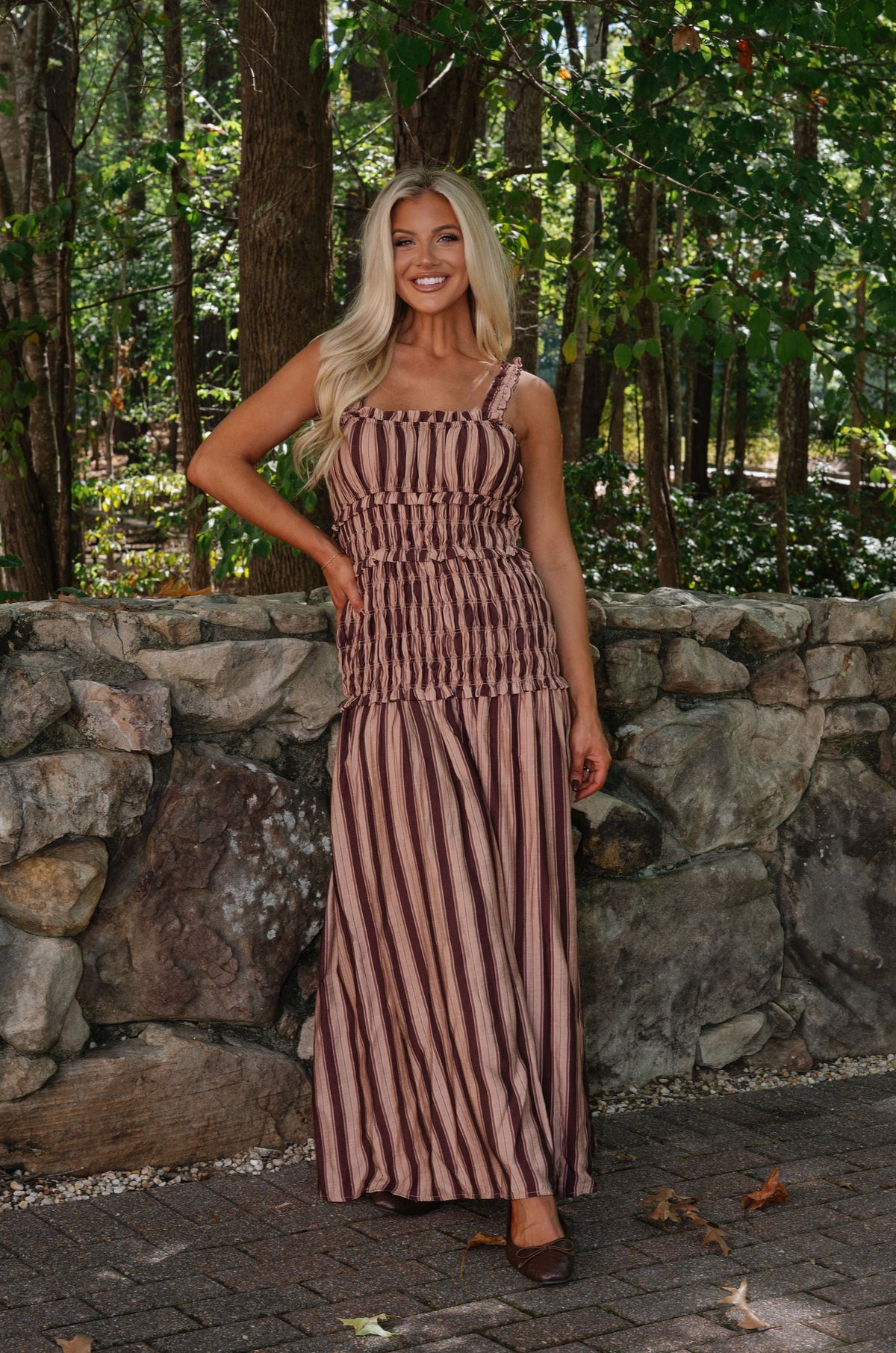 Riley Striped Smocked Maxi Dress-Mocha