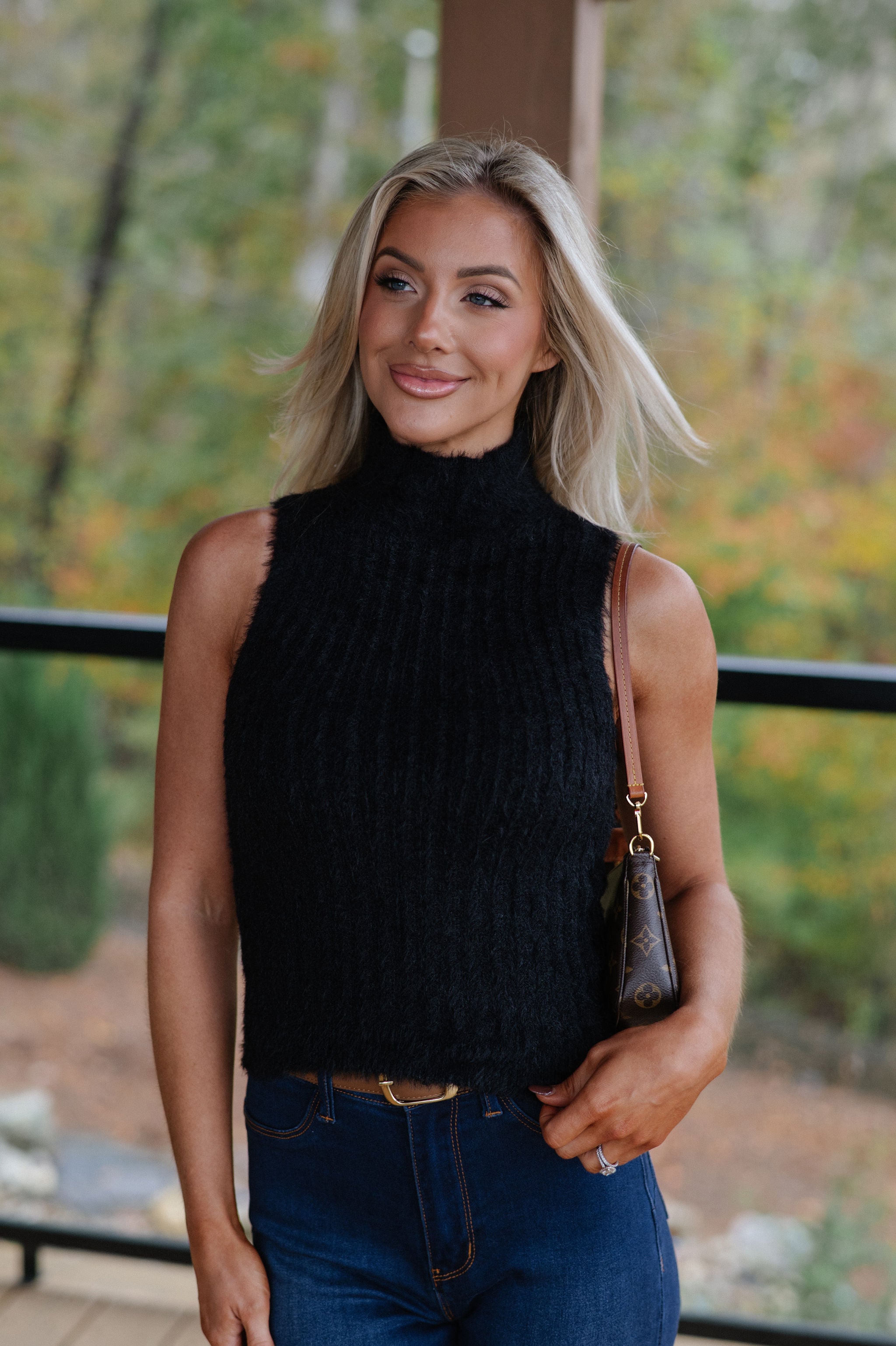 Mock Neck Sweater Tank-Black