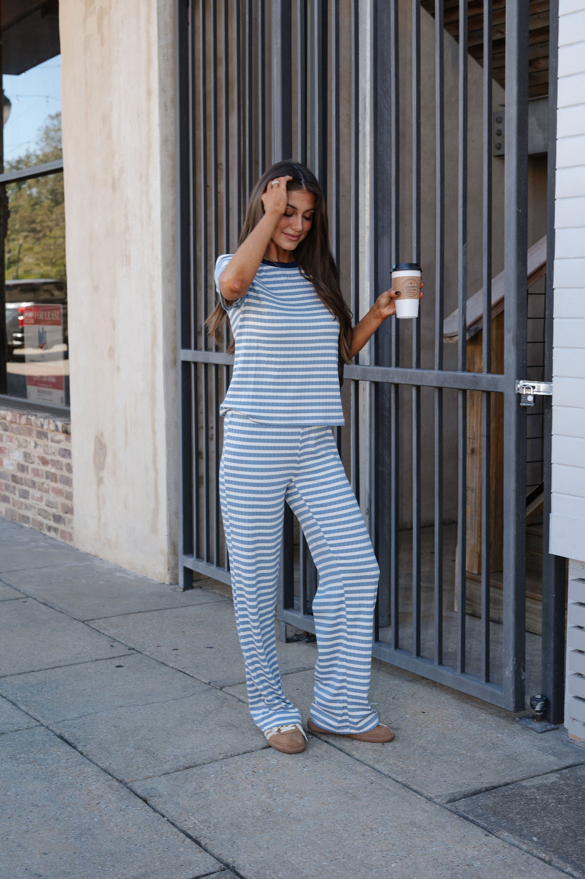 Hue Stripe Pants Set-Light Blue