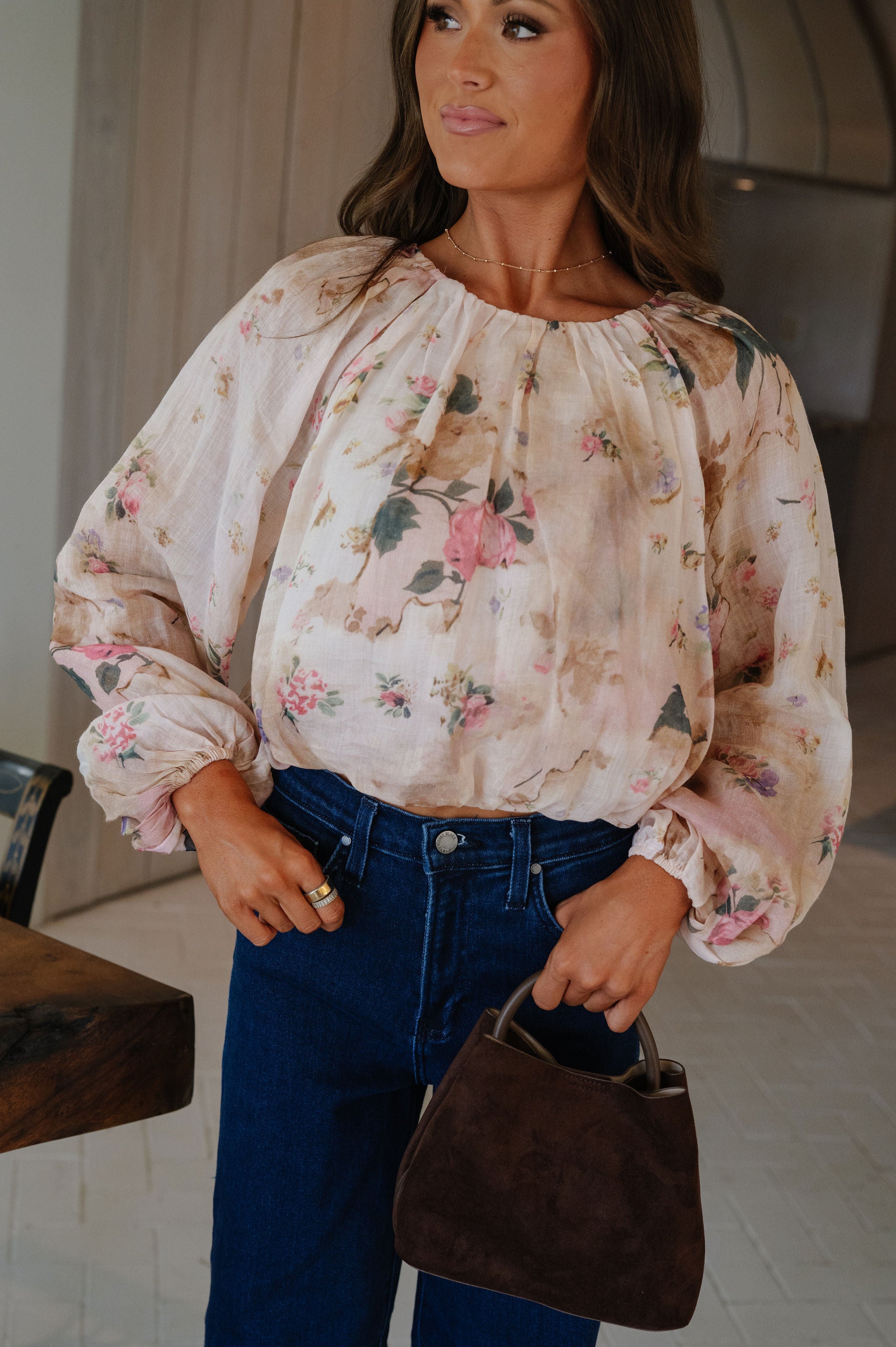 Floral Long Sleeve Blouse-Natural