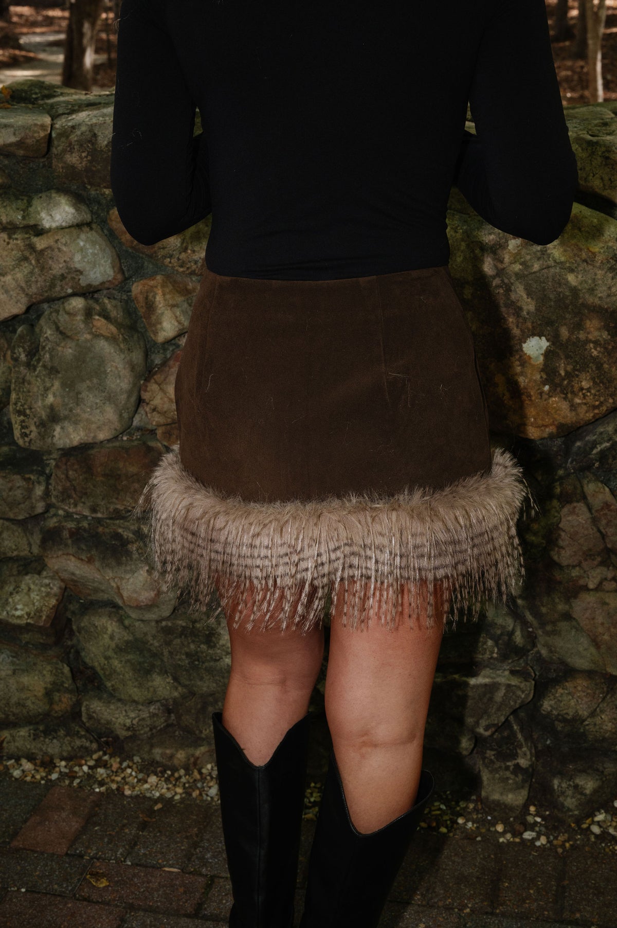 Faux Fur Trim Mini Skirt-Brown