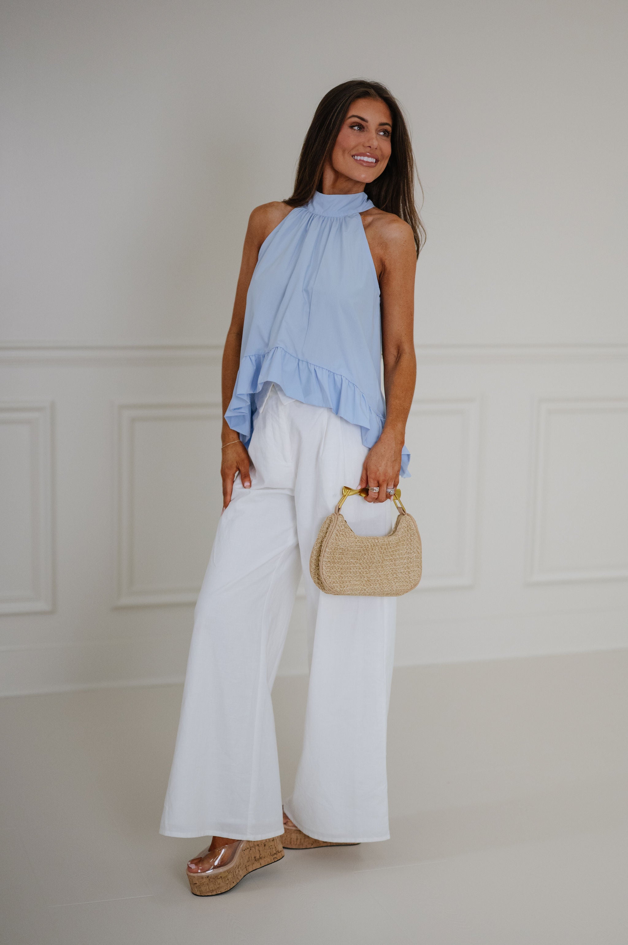 Ruffled Hem Halter Top-Light Blue