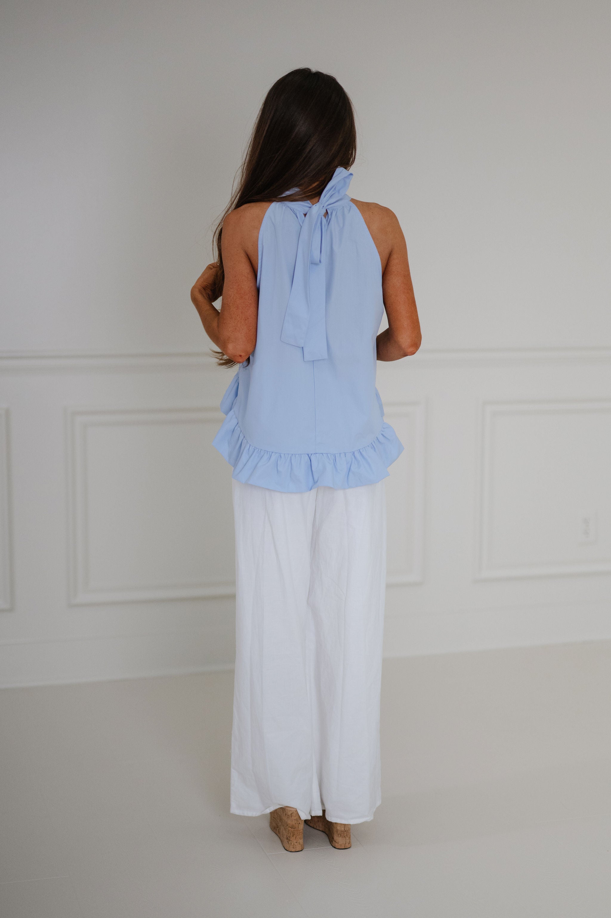 Ruffled Hem Halter Top-Light Blue