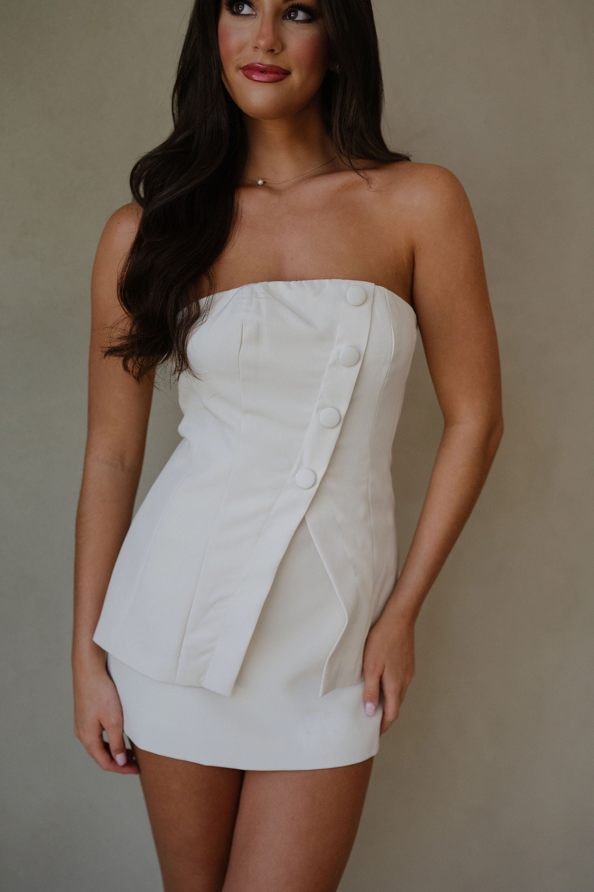 Button Detail Tube Mini Dress-Cream