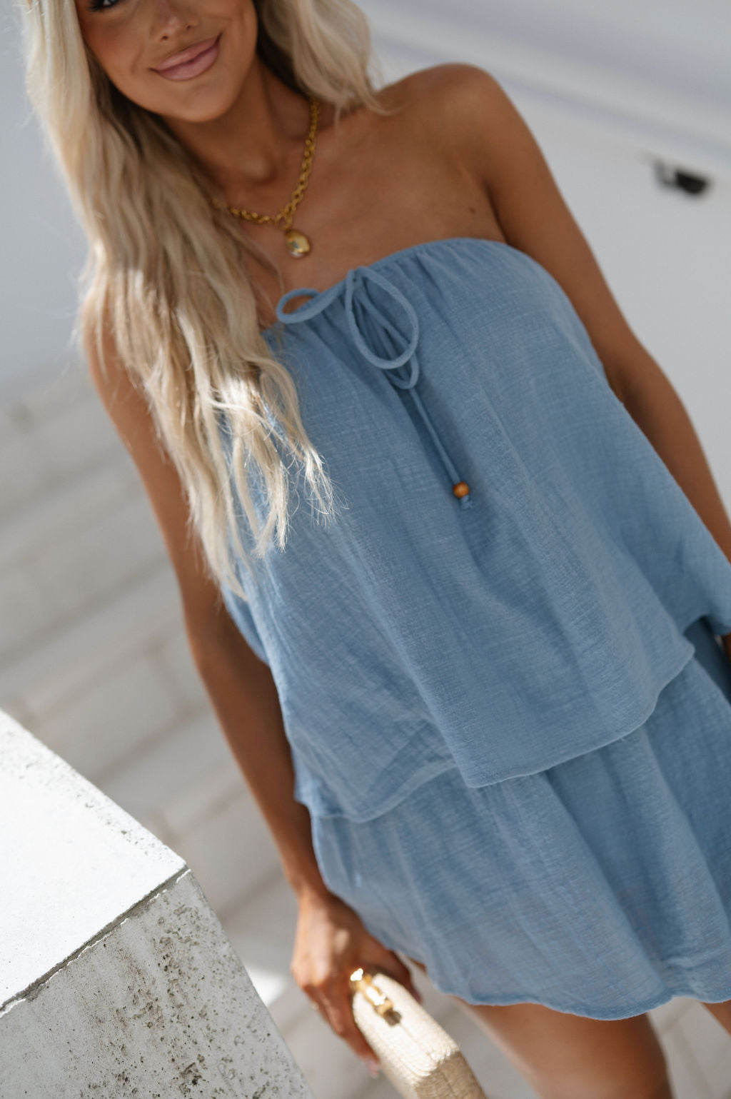 Textured Cotton Romper-Blue