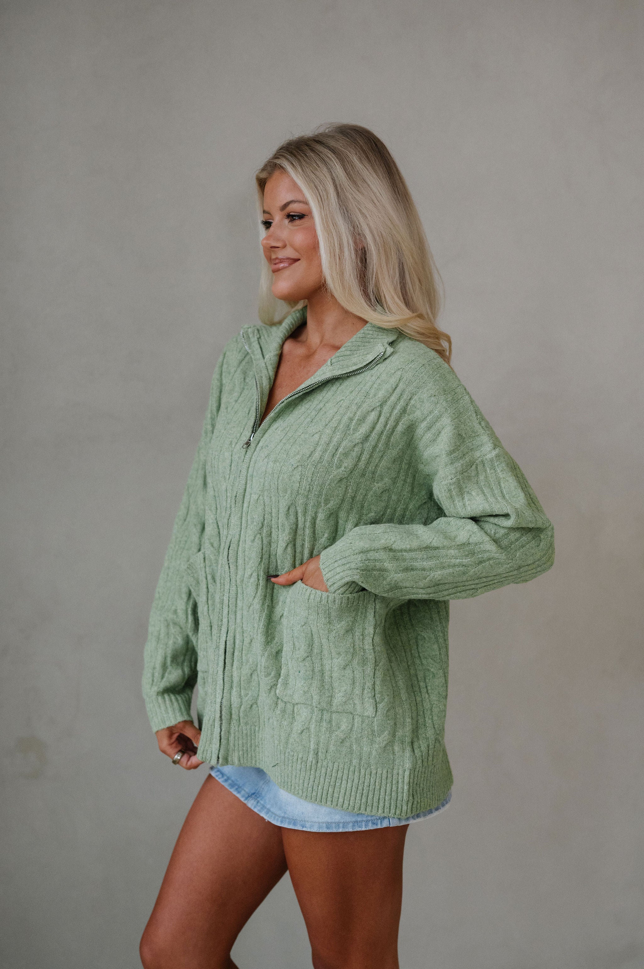 Tara Cable Knit Cardigan-Green