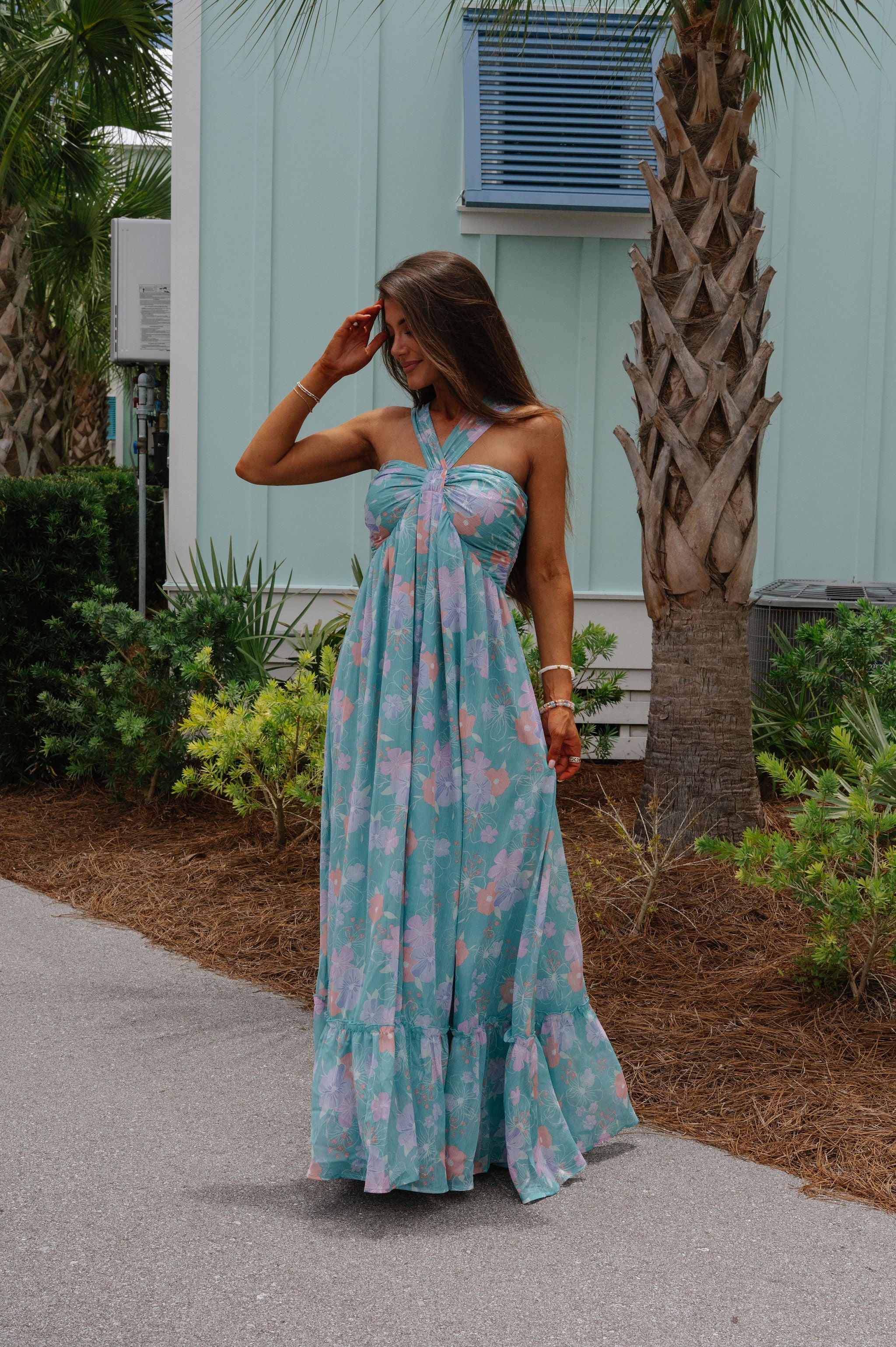 Floral Multi Halter Dress- Turquoise