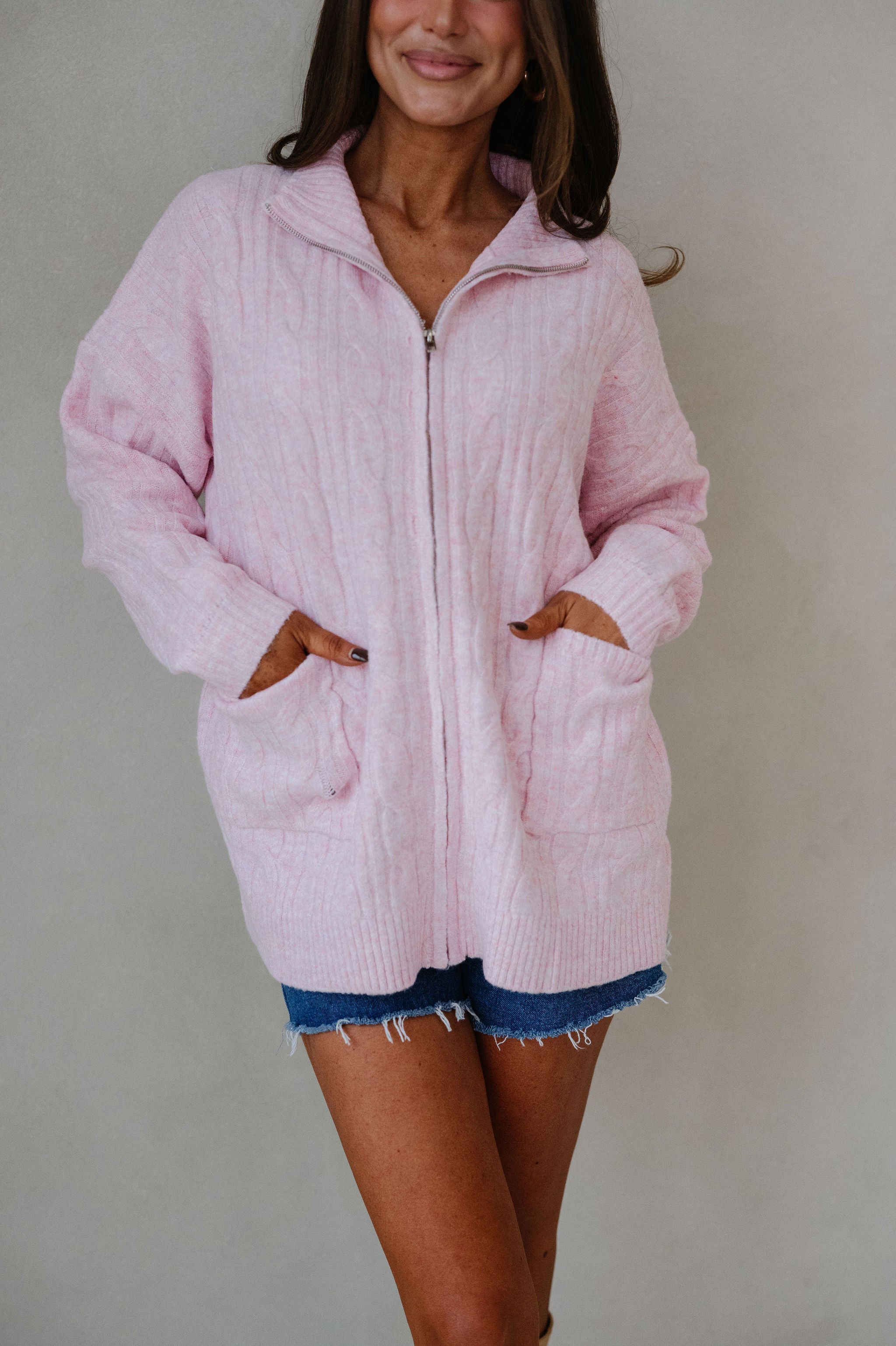 Tara Cable Knit Cardigan-Pink