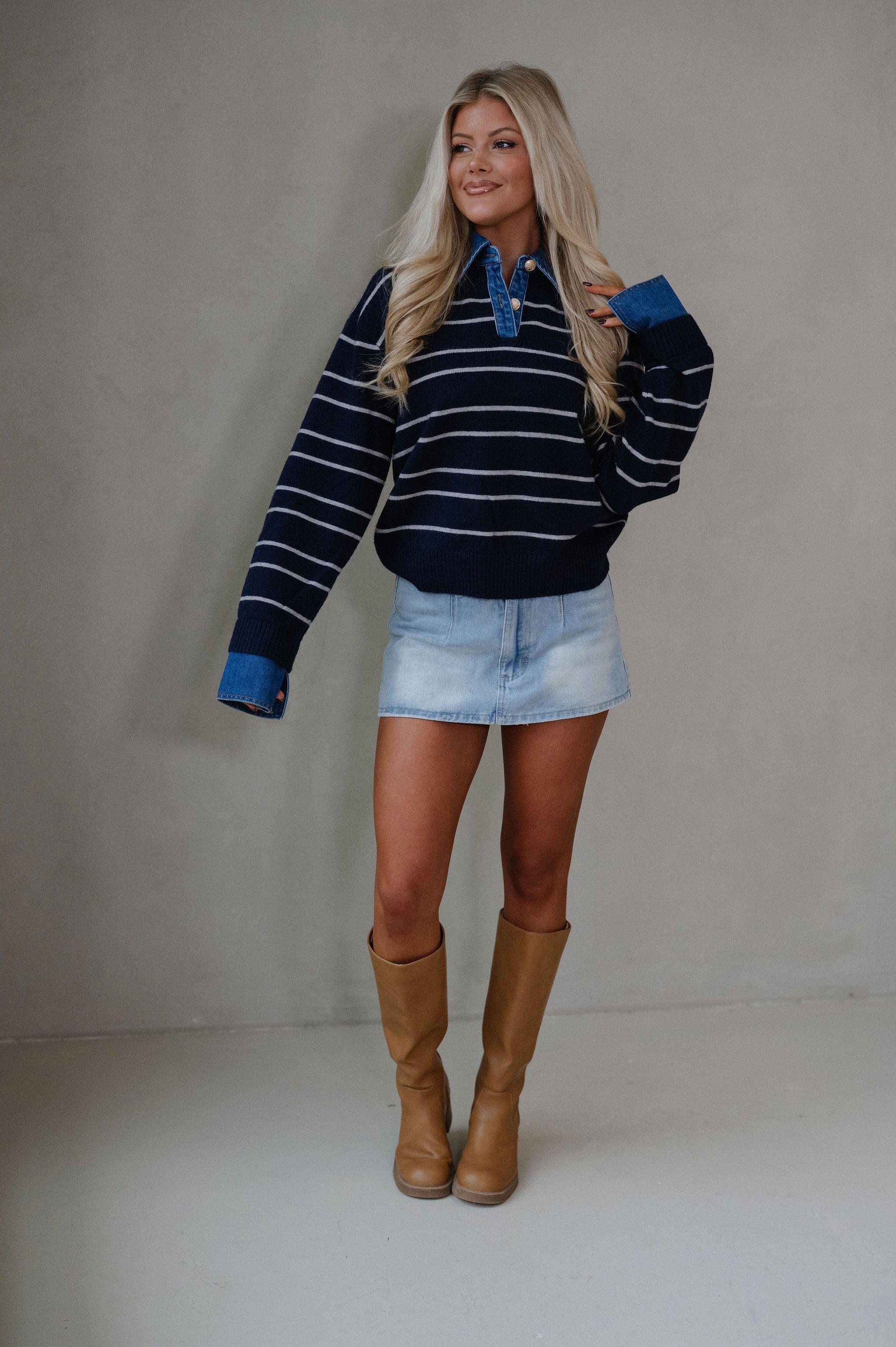 Charlie Stripe Denim Combo Top-Navy/Grey