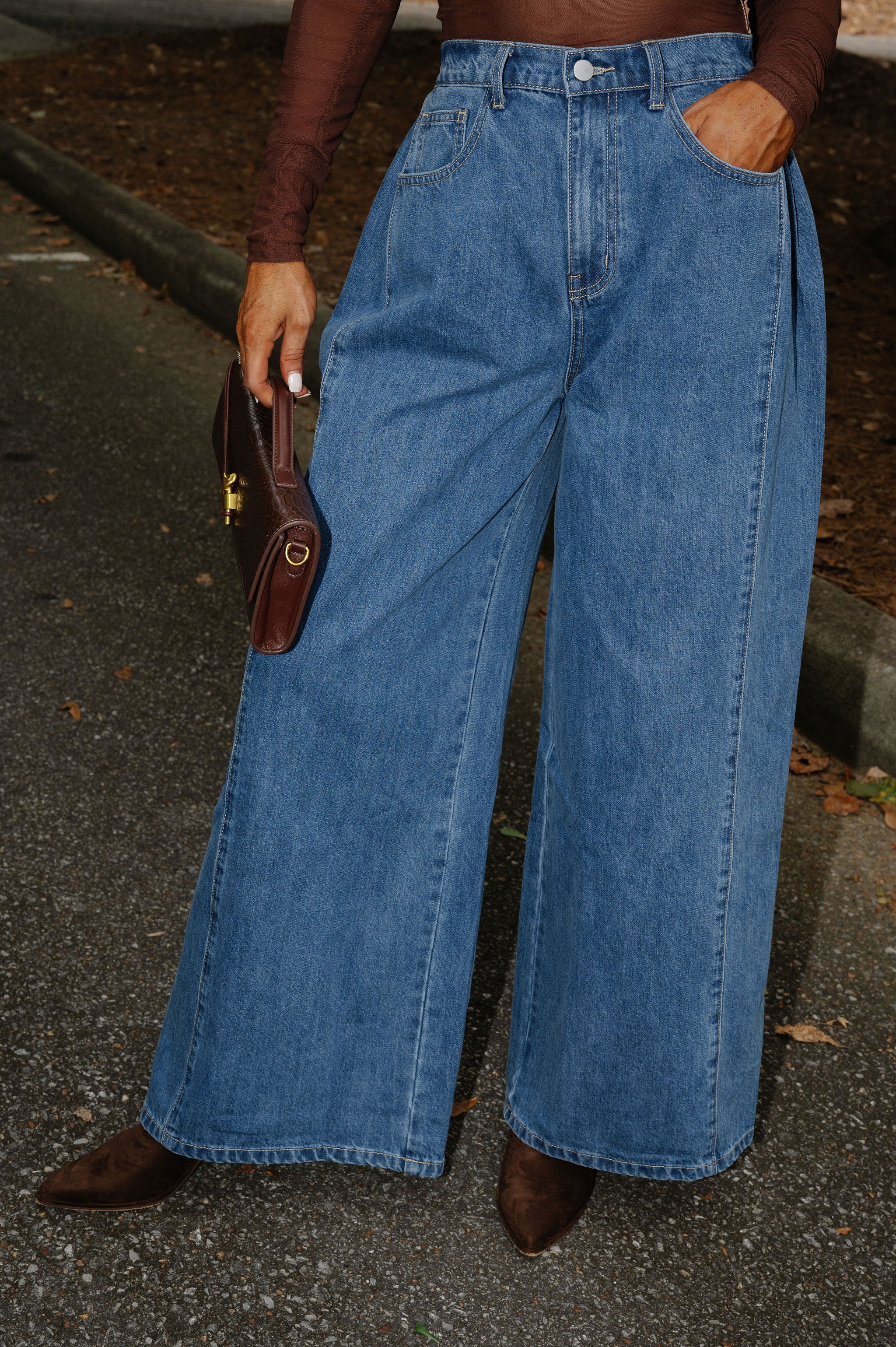 High Rise Pleated Jeans-Medium Wash