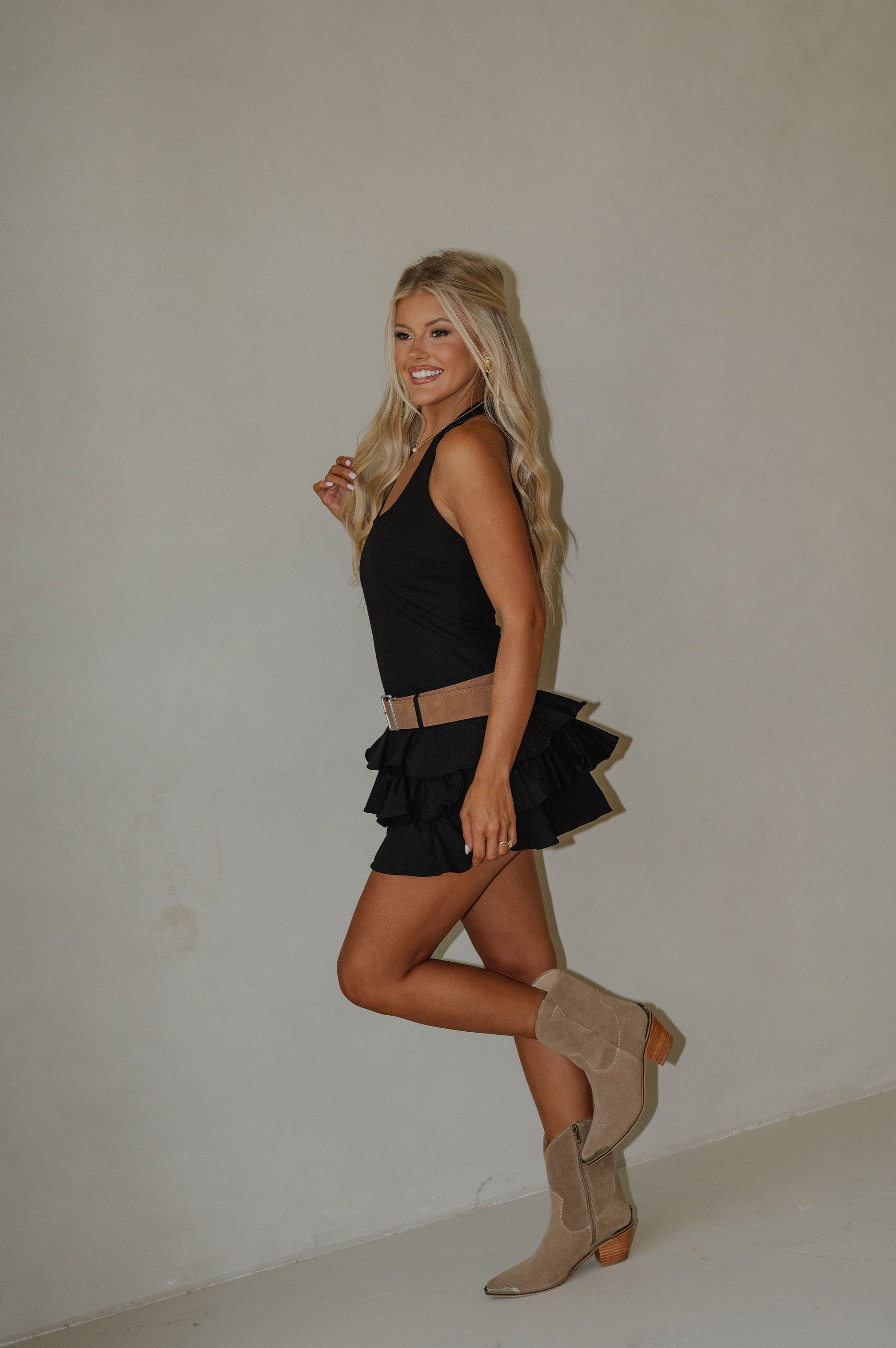 Halter Neck Belted Romper Dress-Black