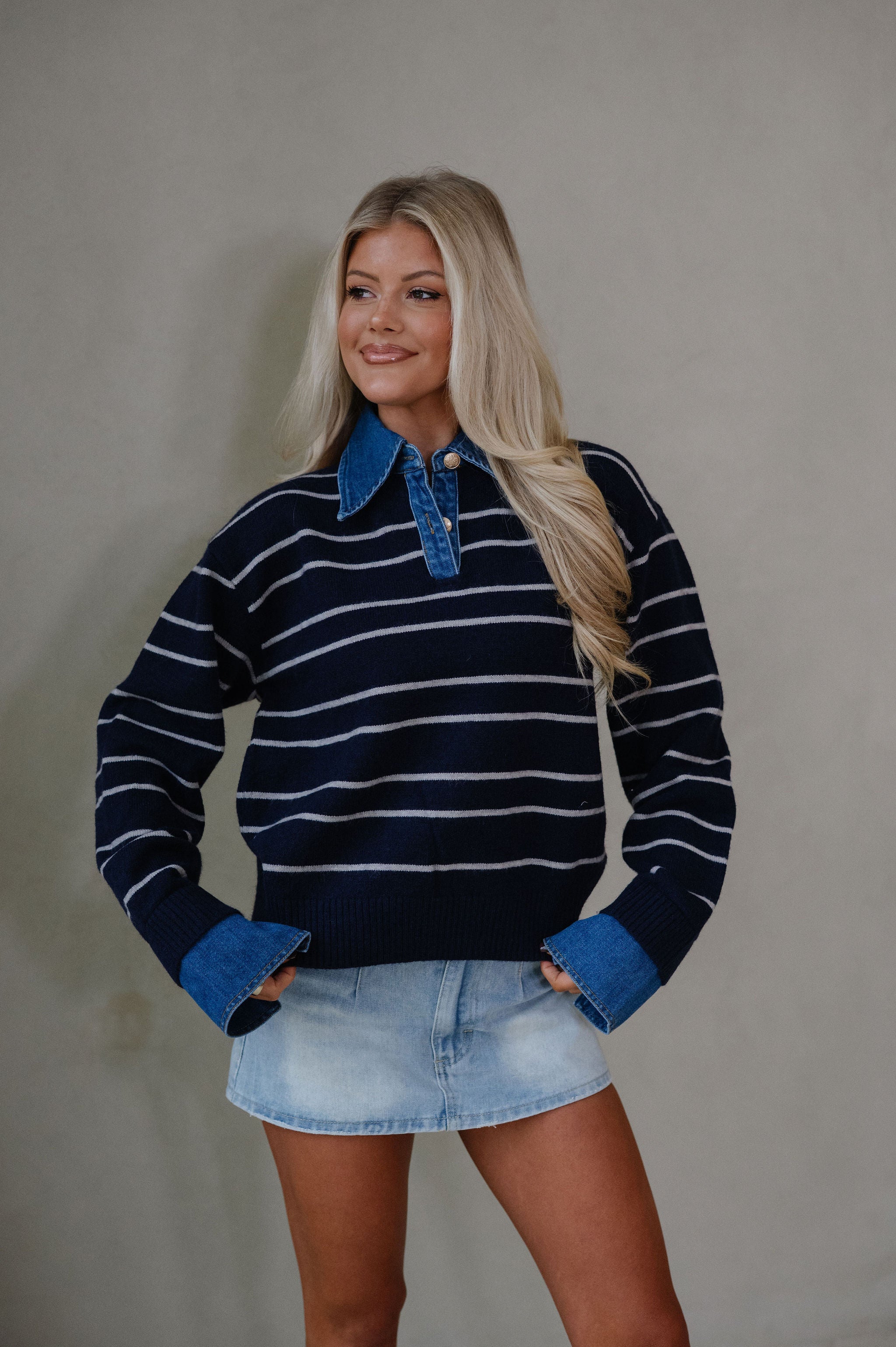 Charlie Stripe Denim Combo Top-Navy/Grey