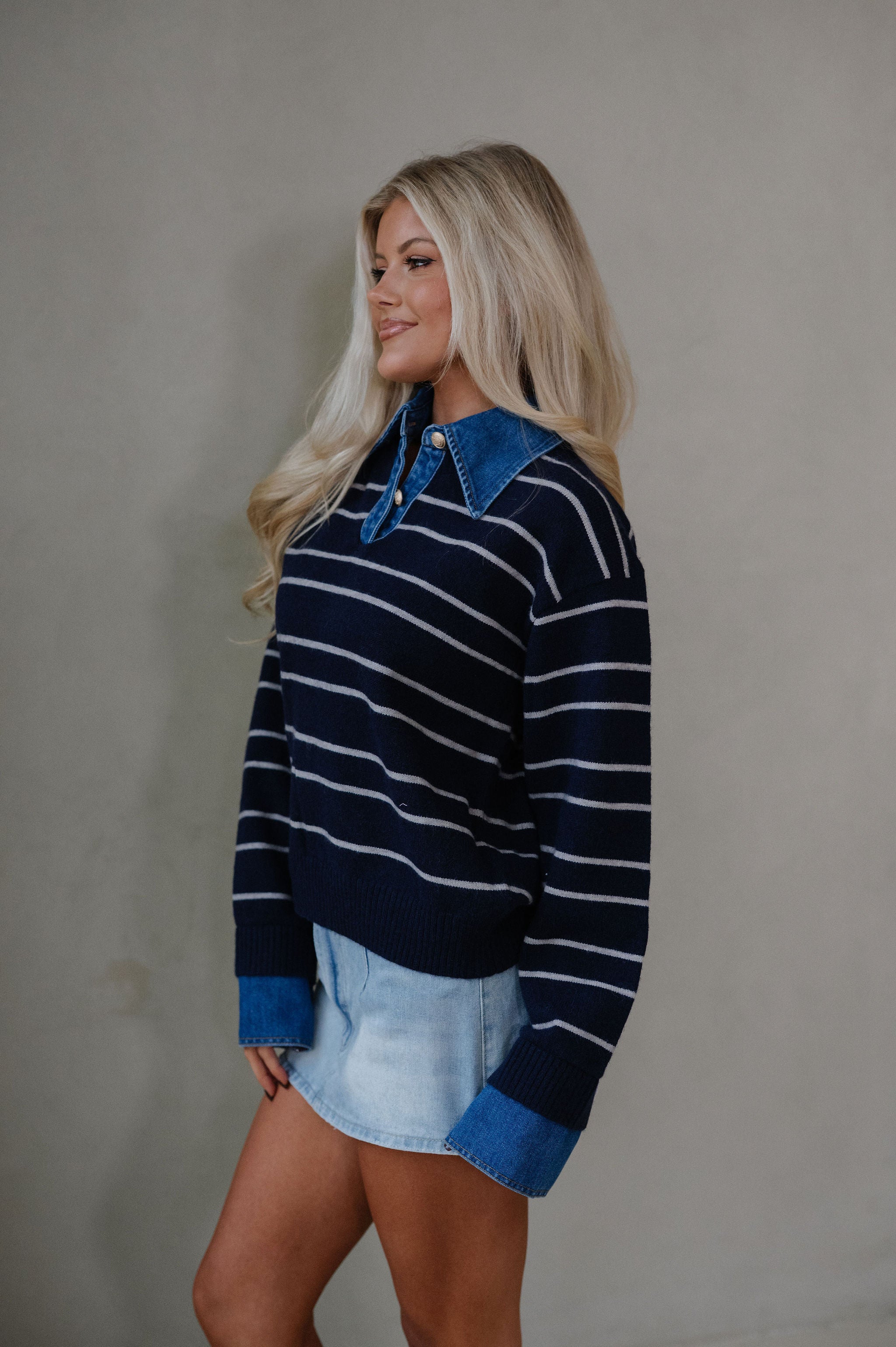Charlie Stripe Denim Combo Top-Navy/Grey