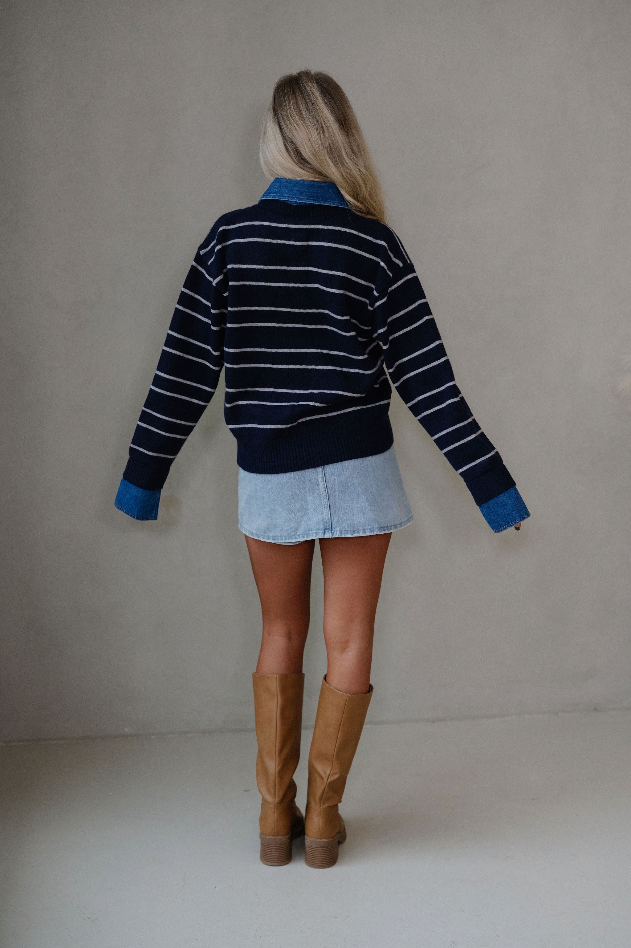 Charlie Stripe Denim Combo Top-Navy/Grey