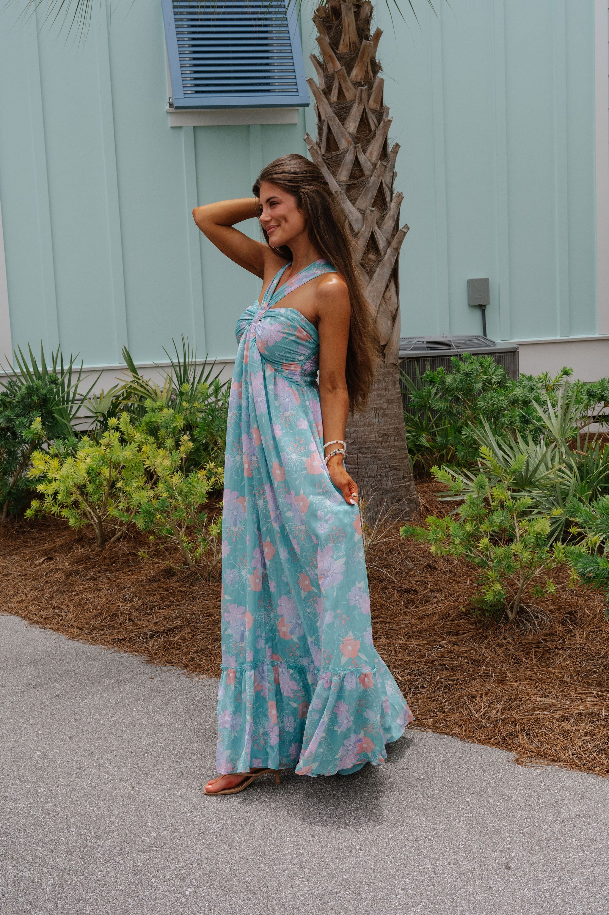 Floral Multi Halter Dress- Turquoise