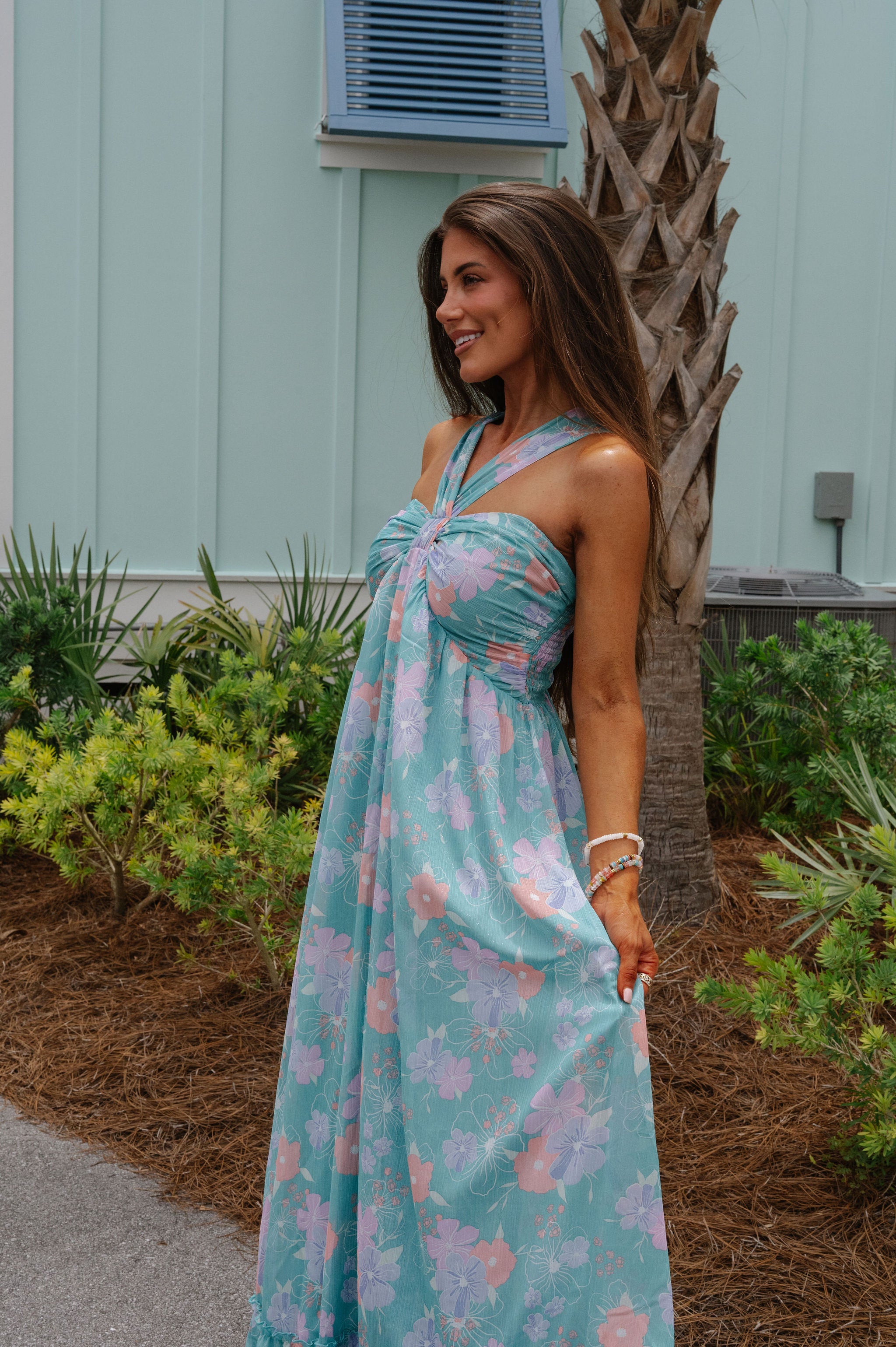 Floral Multi Halter Dress- Turquoise