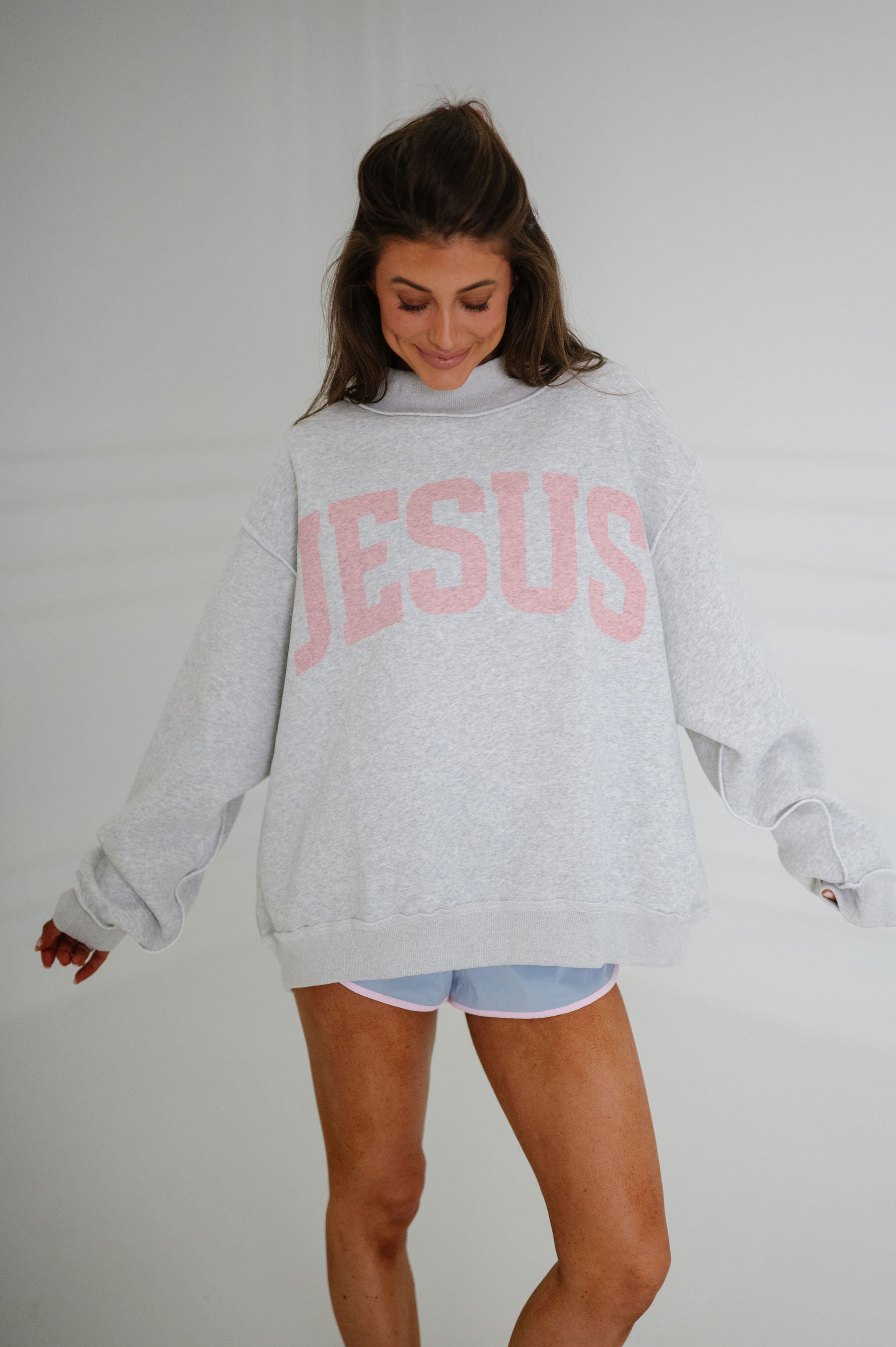 Jesus/God is Good Reversible Mock Neck-Heather Grey/Pink