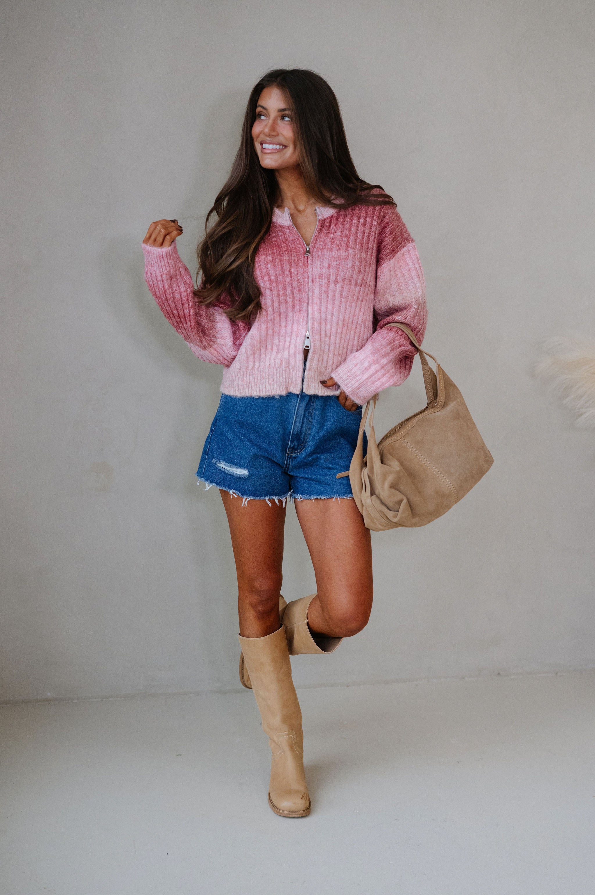 Leah Zip Up Sweater-Rose