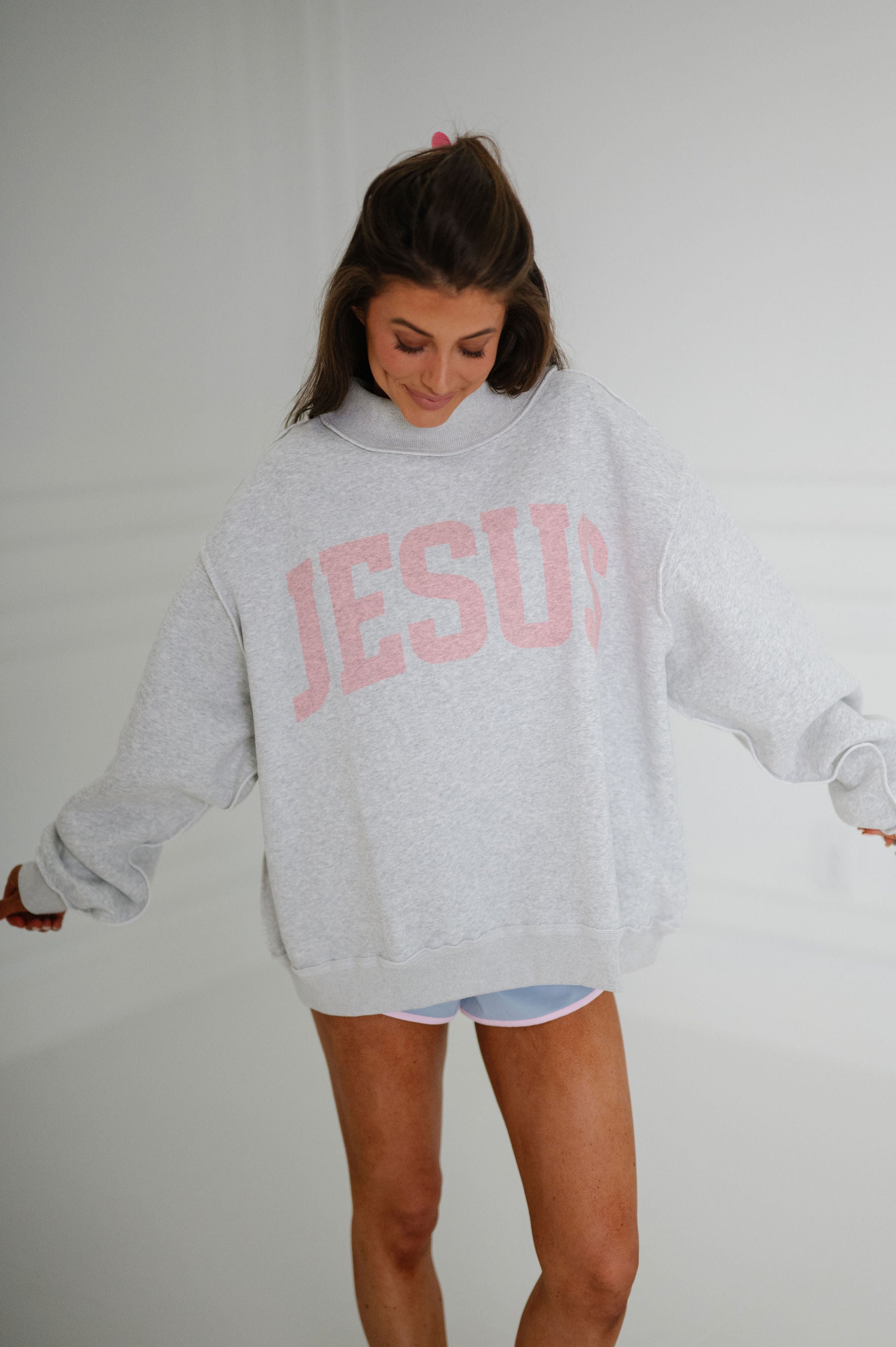 Jesus/God is Good Reversible Mock Neck-Heather Grey/Pink