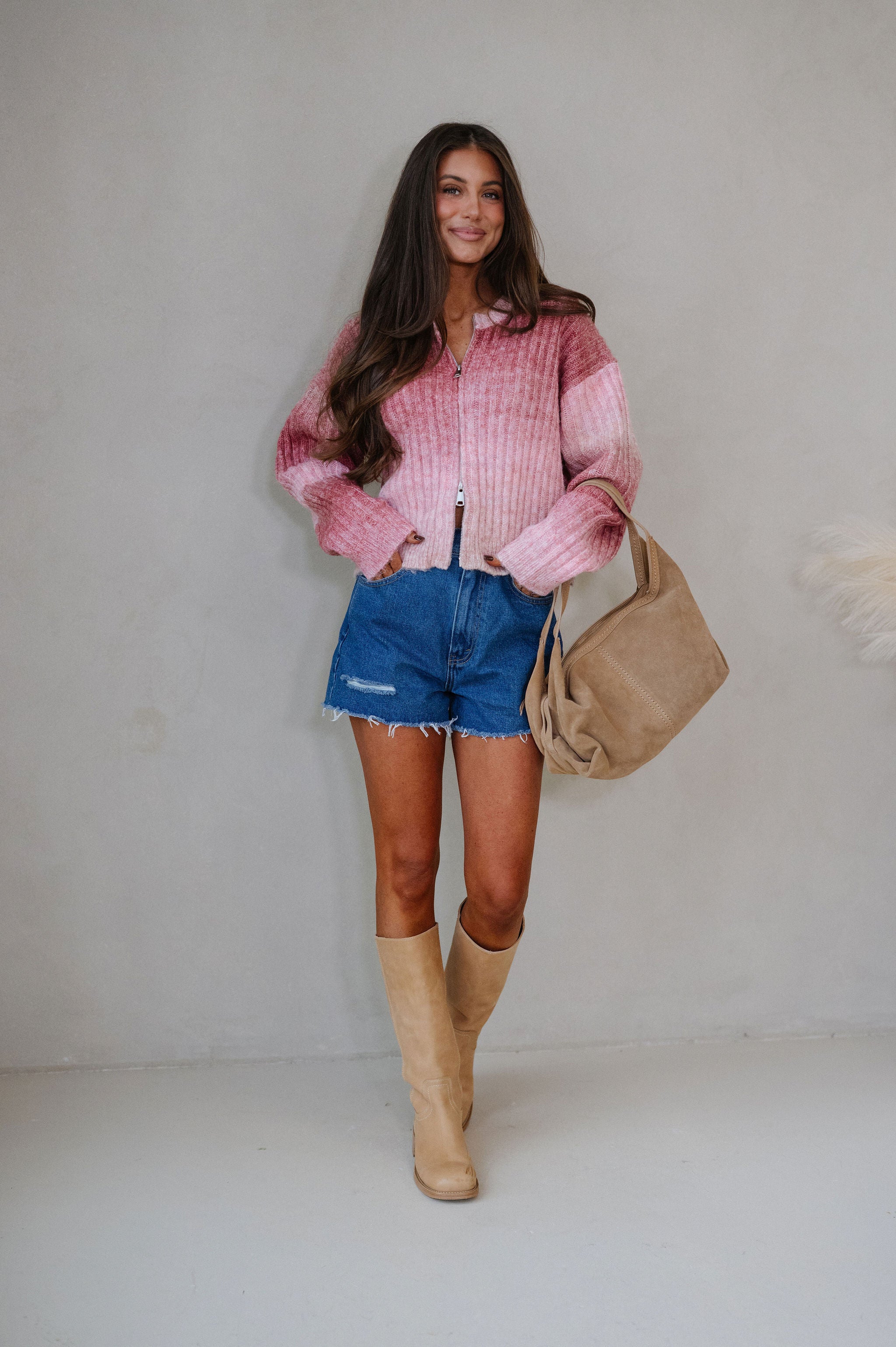 Leah Zip Up Sweater-Rose