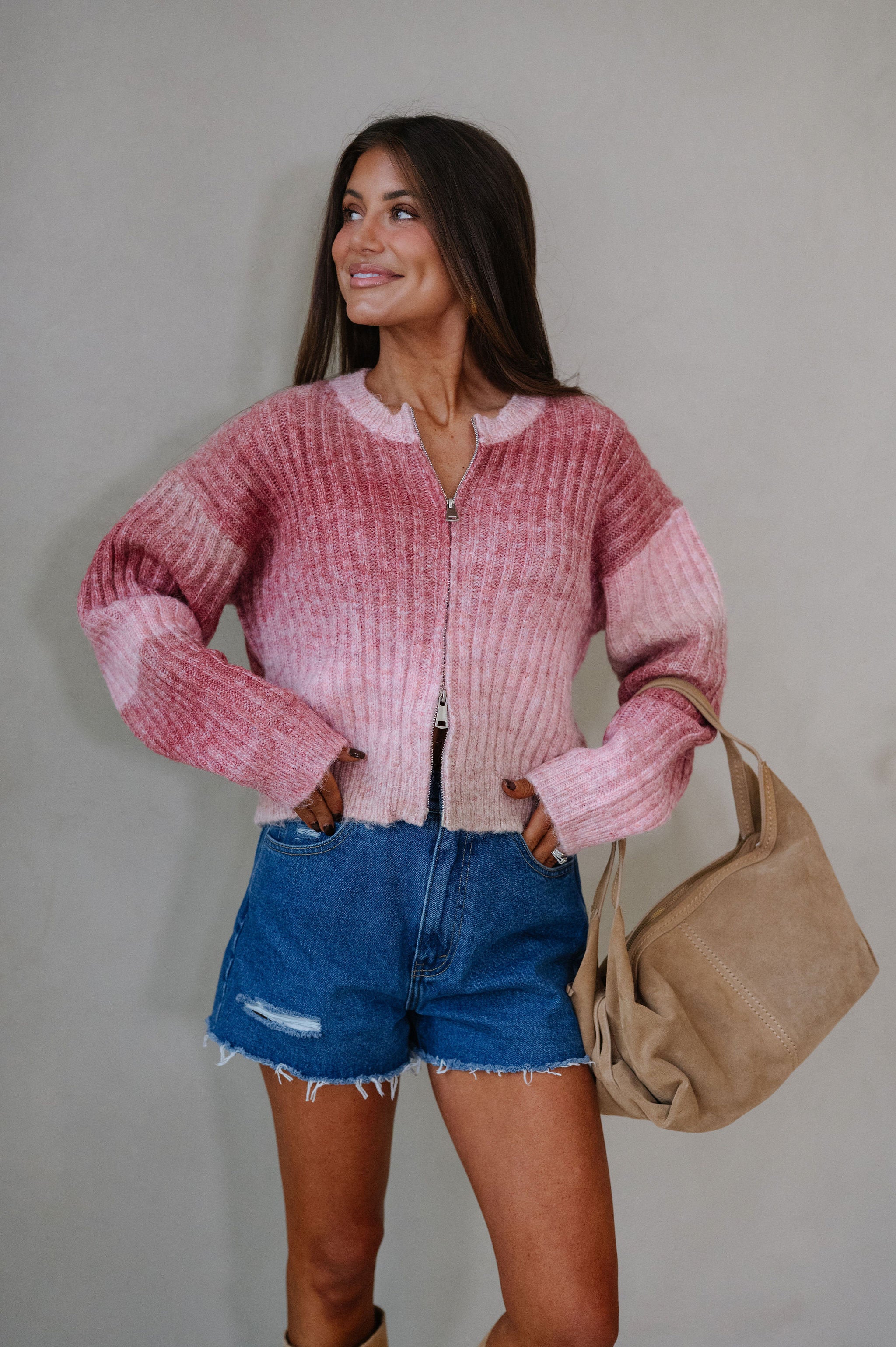 Leah Zip Up Sweater-Rose