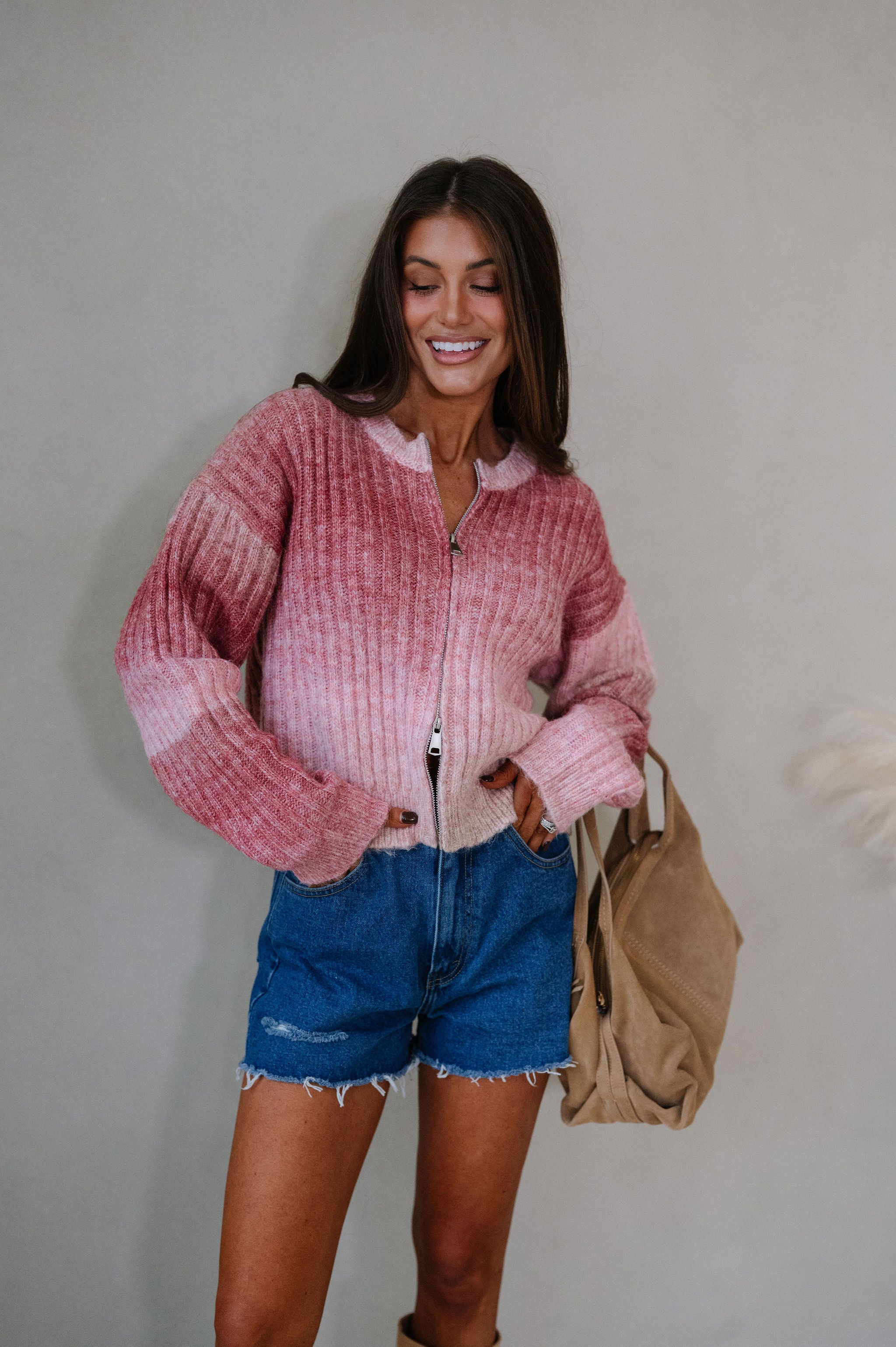 Leah Zip Up Sweater-Rose