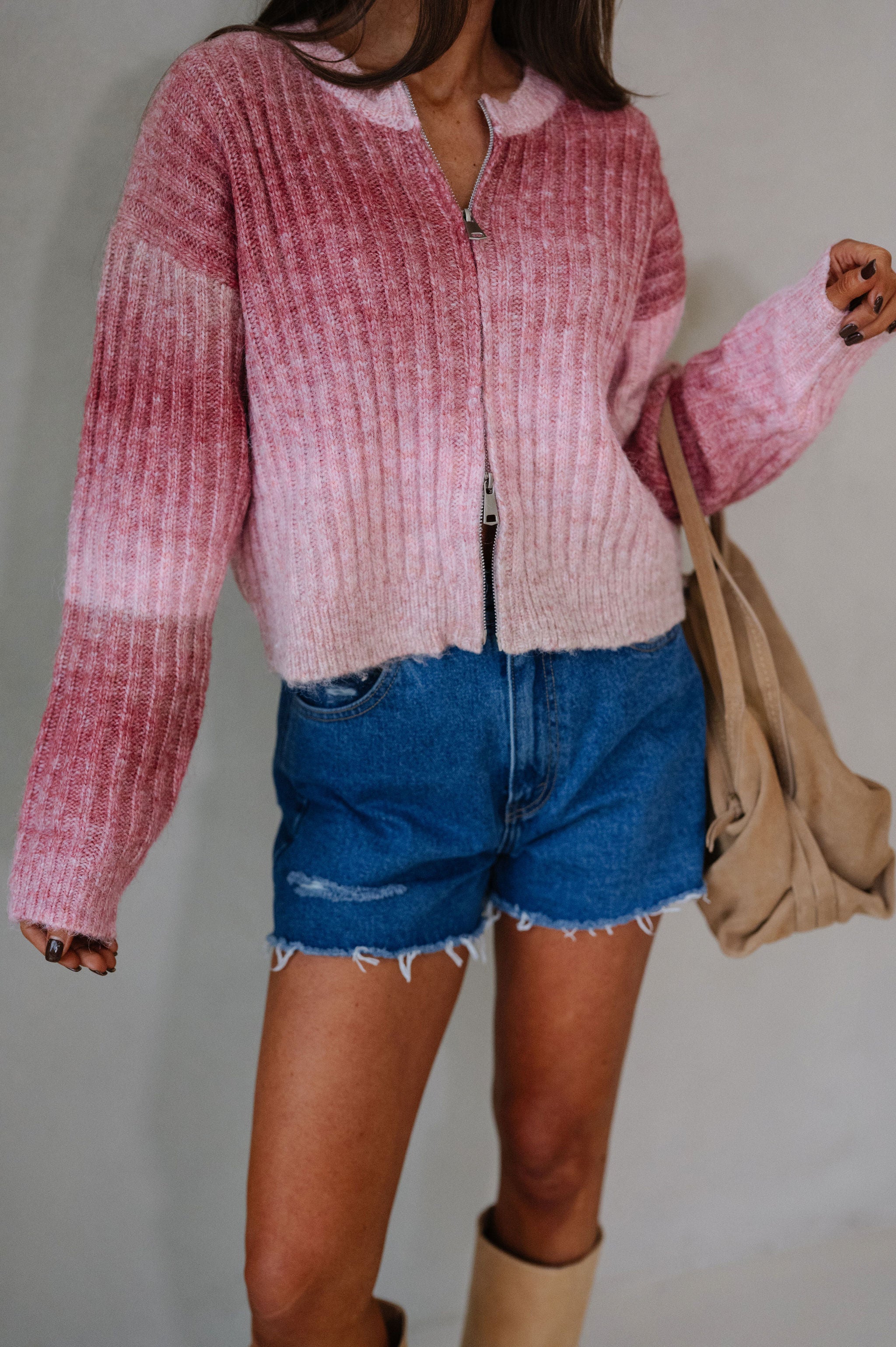 Leah Zip Up Sweater-Rose