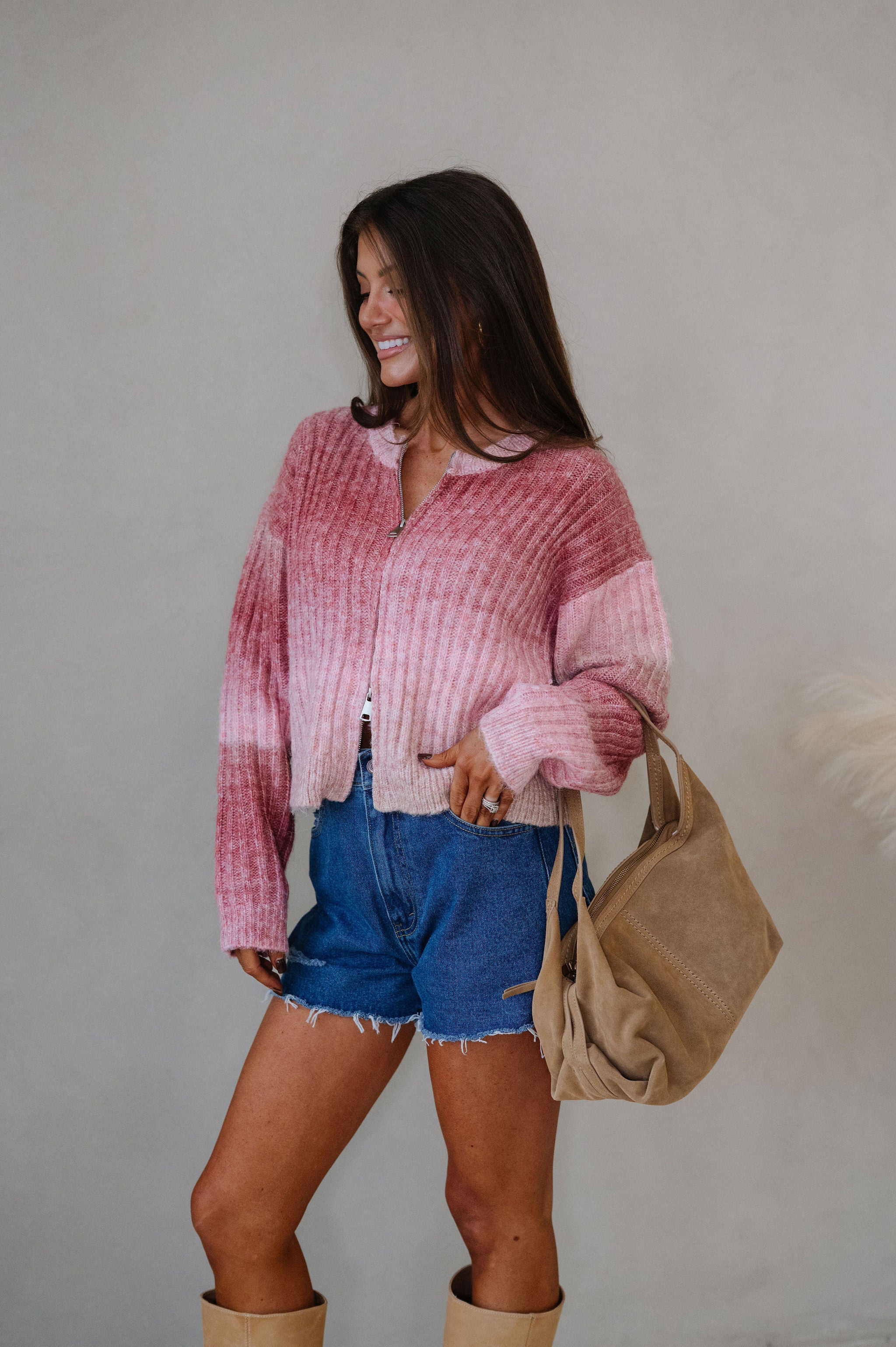 Leah Zip Up Sweater-Rose