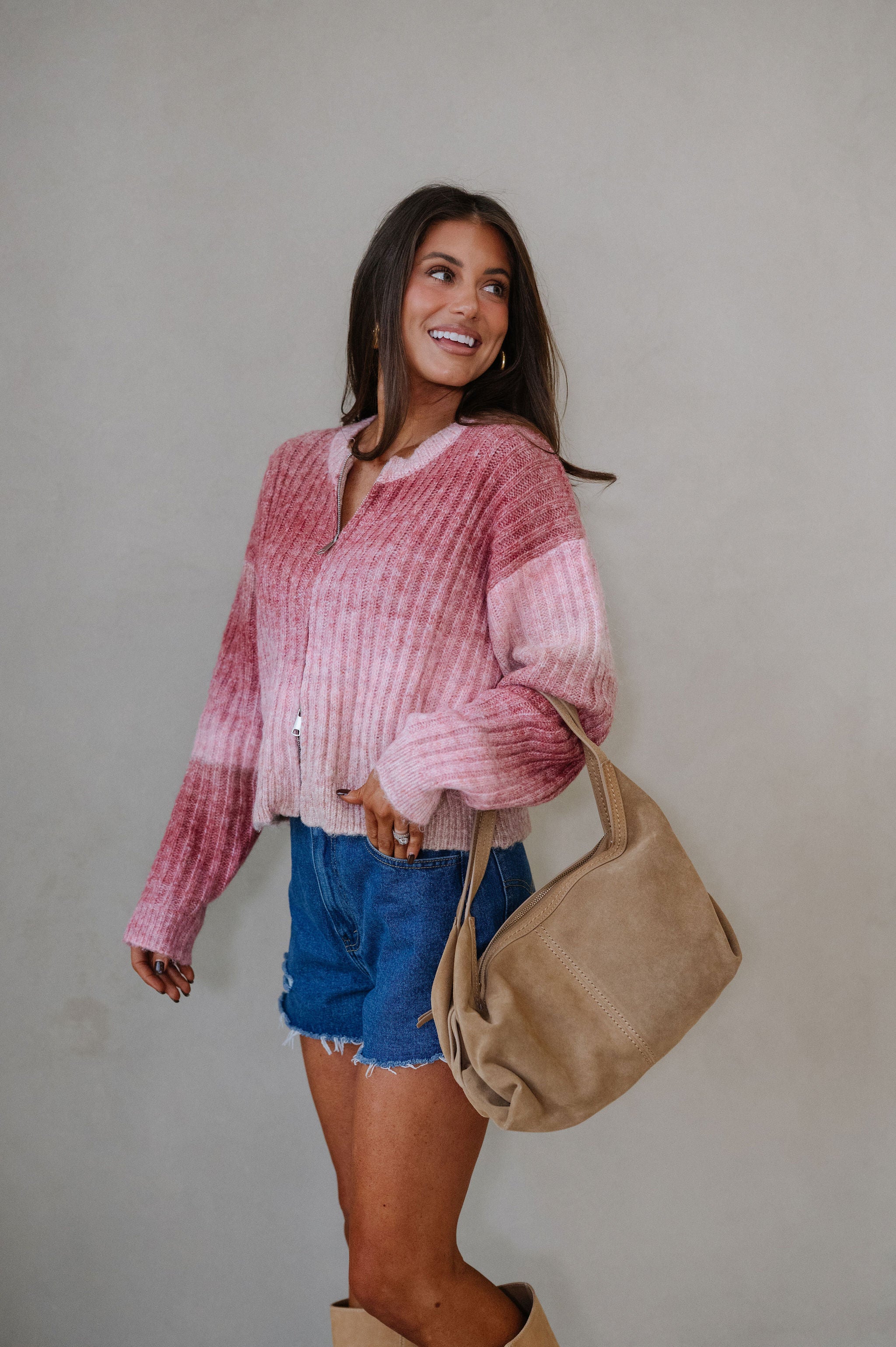 Leah Zip Up Sweater-Rose