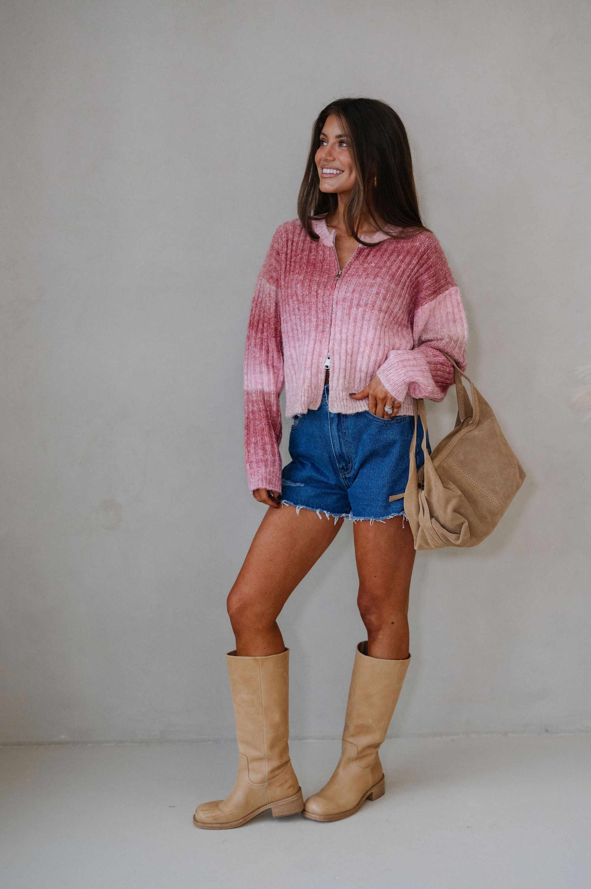 Leah Zip Up Sweater-Rose