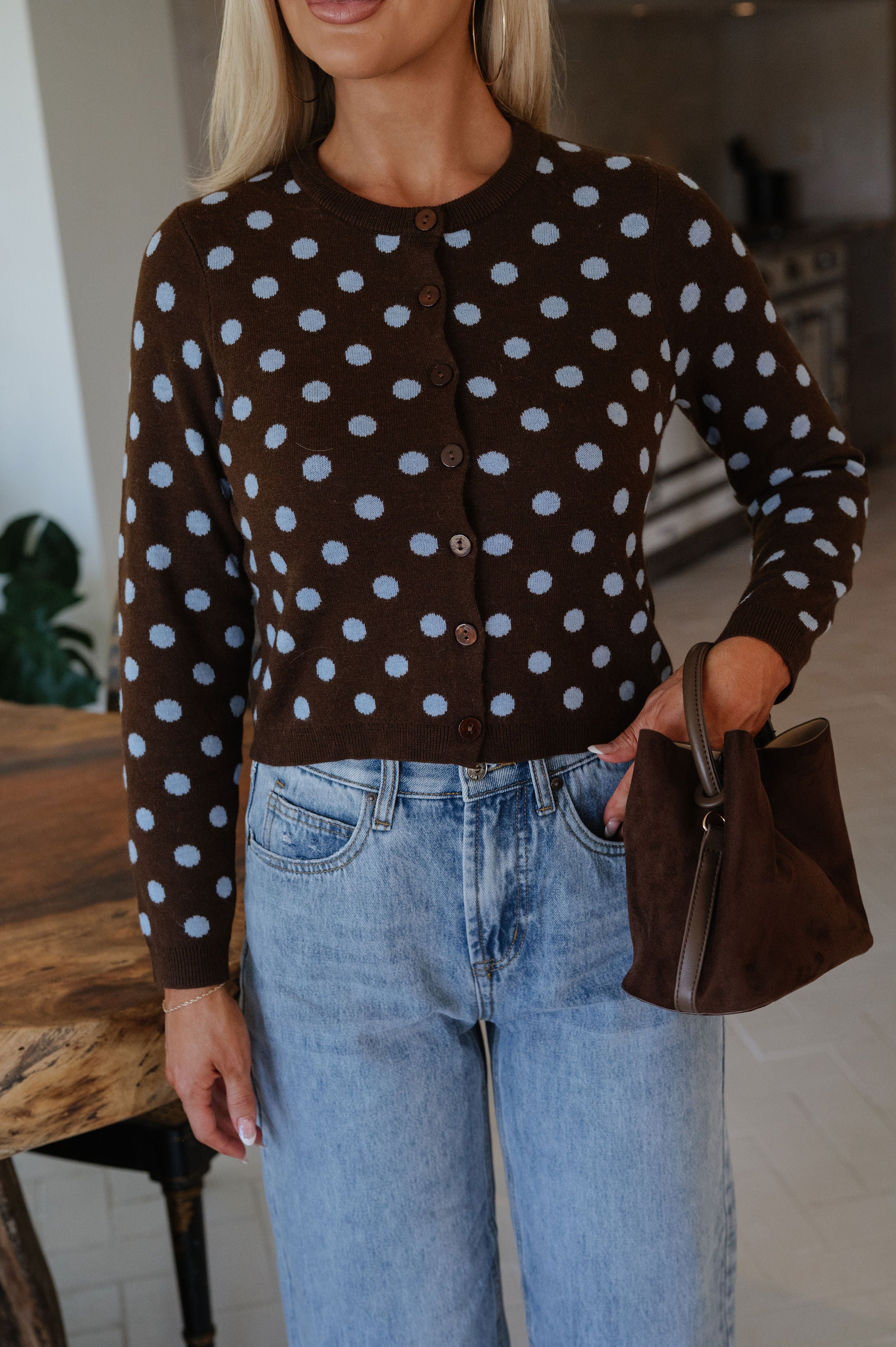 Callie Polka Dot Cardigan-Coffee/Blue
