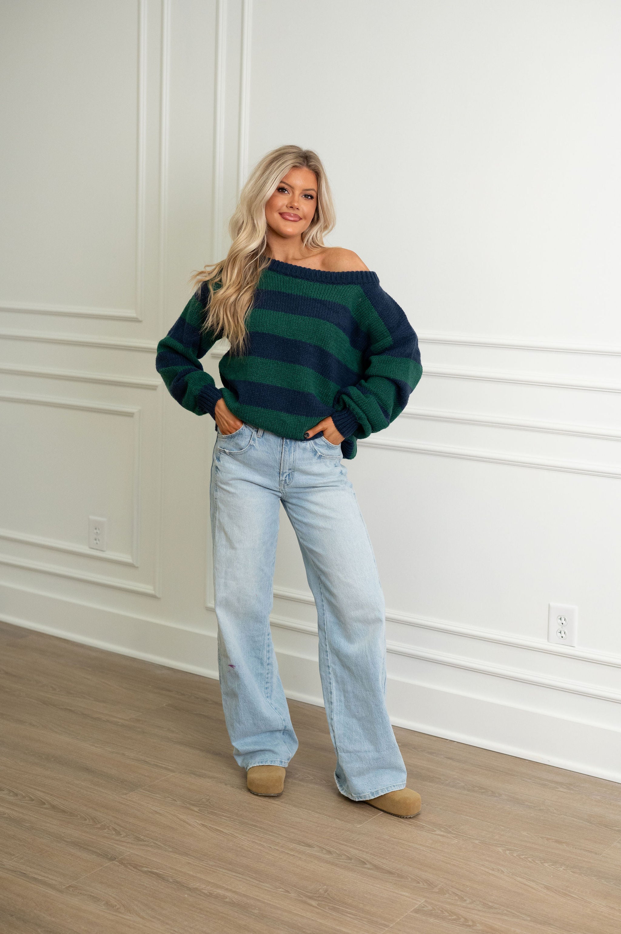 Maddee OTS Rugby Sweater-Navy/Green