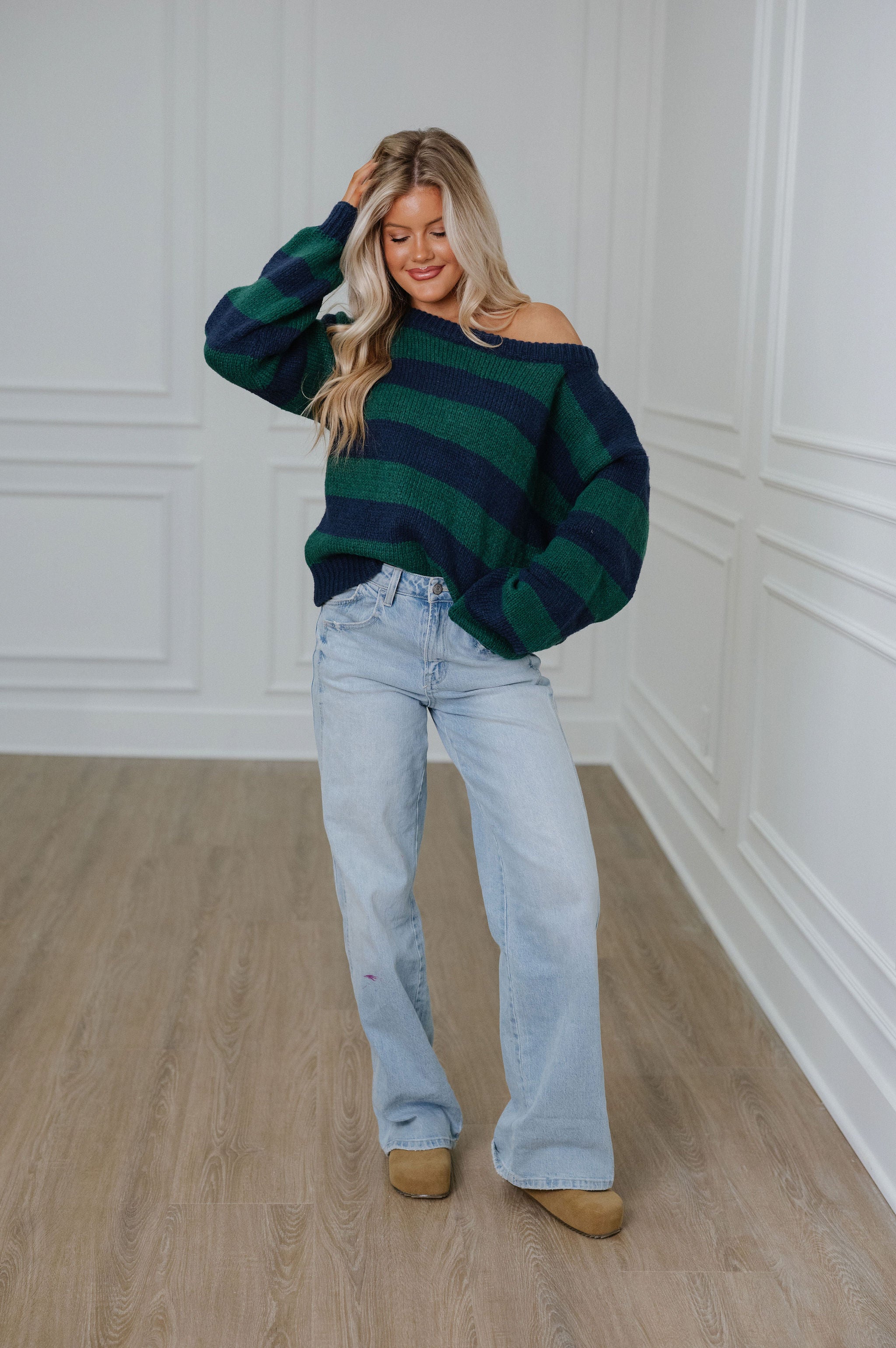 Maddee OTS Rugby Sweater-Navy/Green