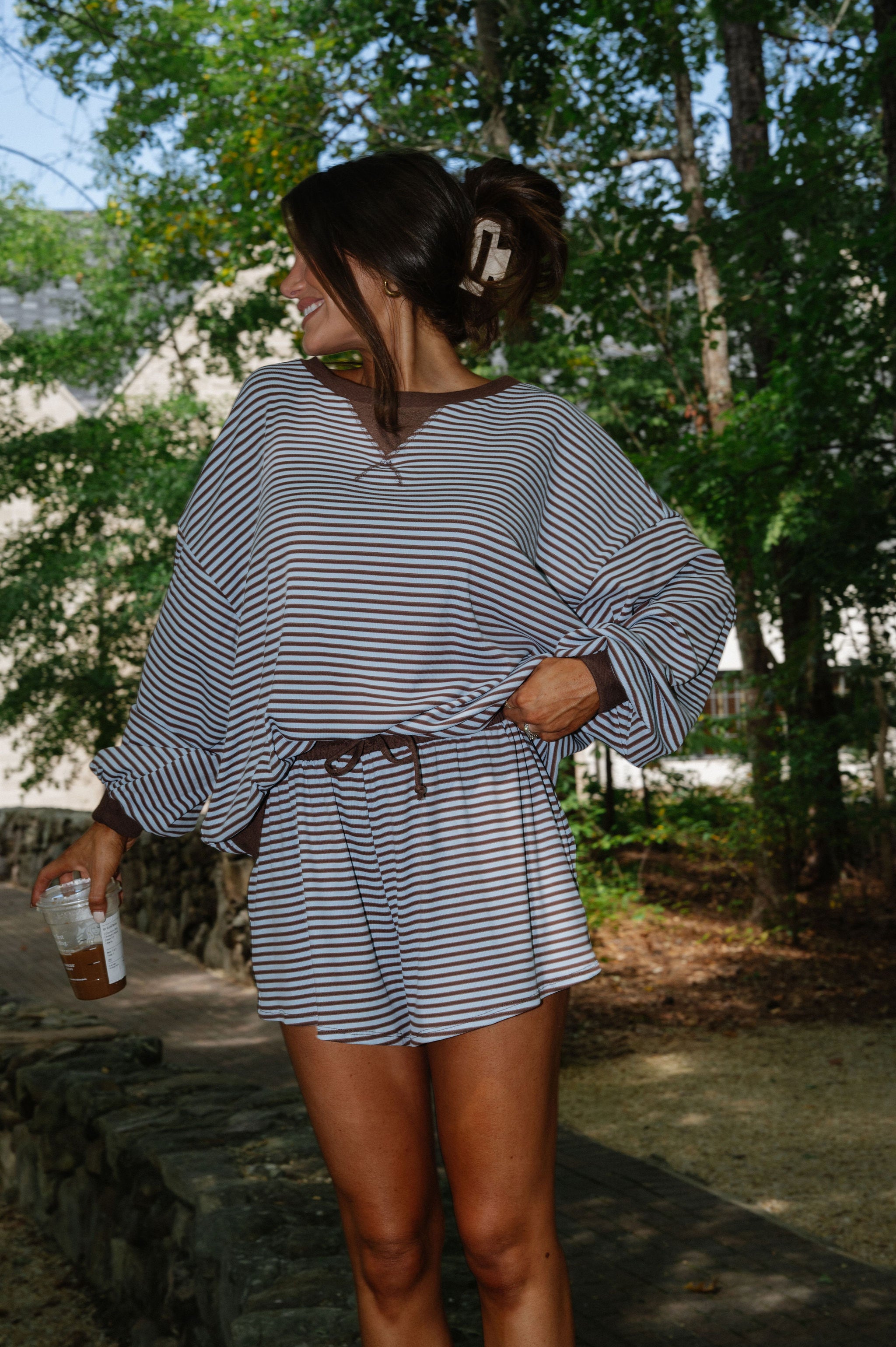 Striped Drawstring Shorts Set-Blue/Brown