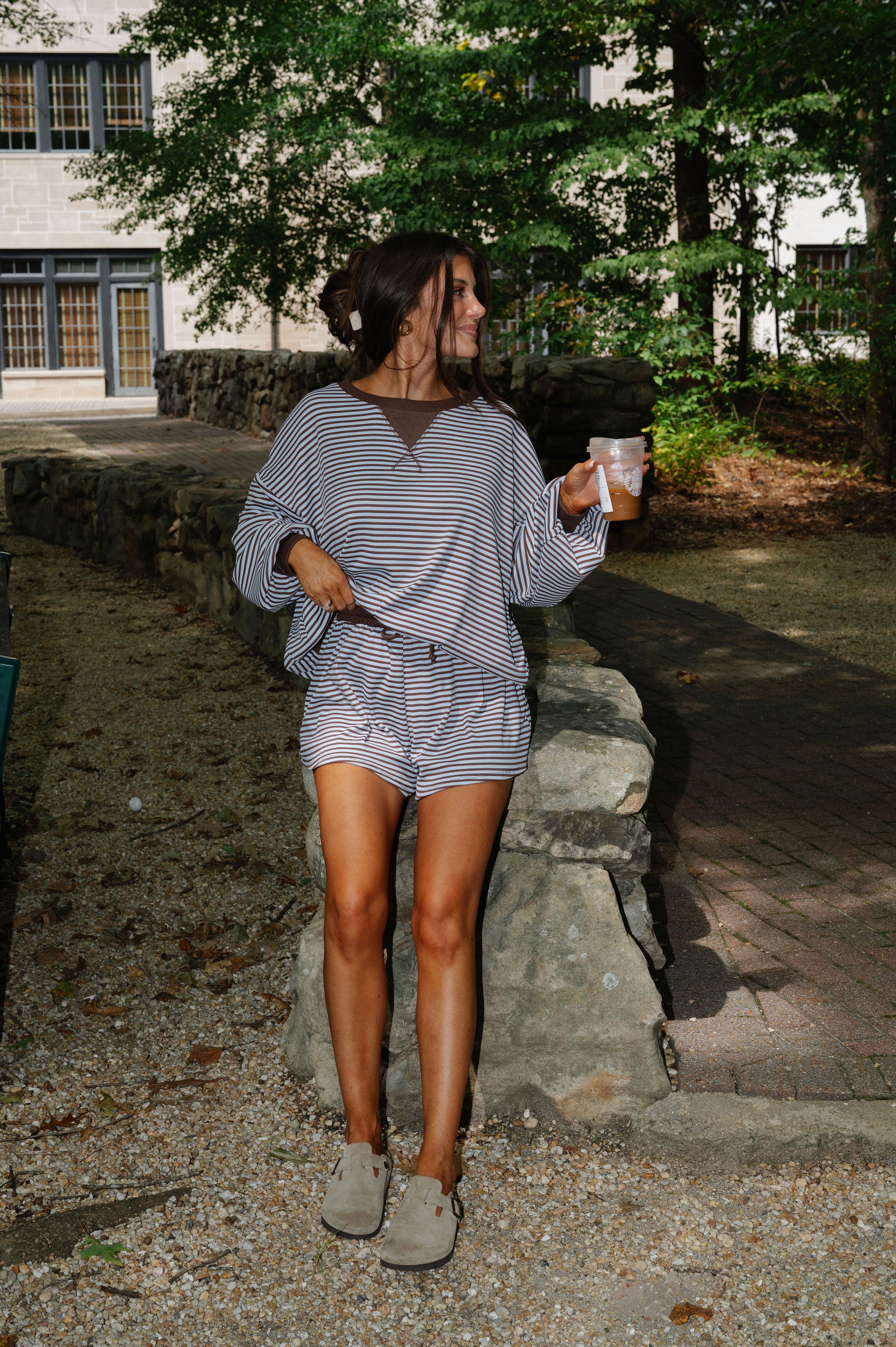 Striped Drawstring Shorts Set-Blue/Brown