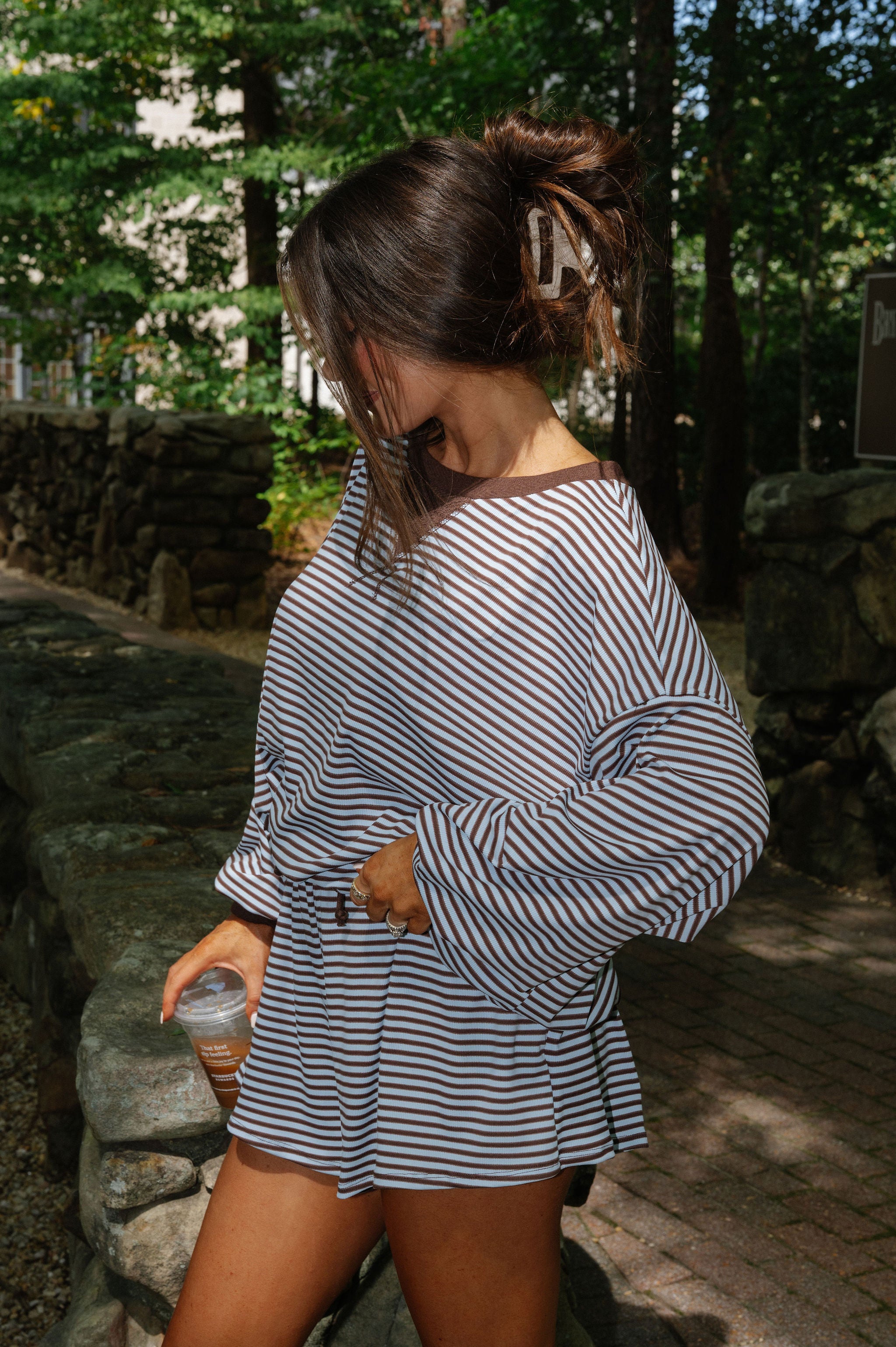 Striped Drawstring Shorts Set-Blue/Brown