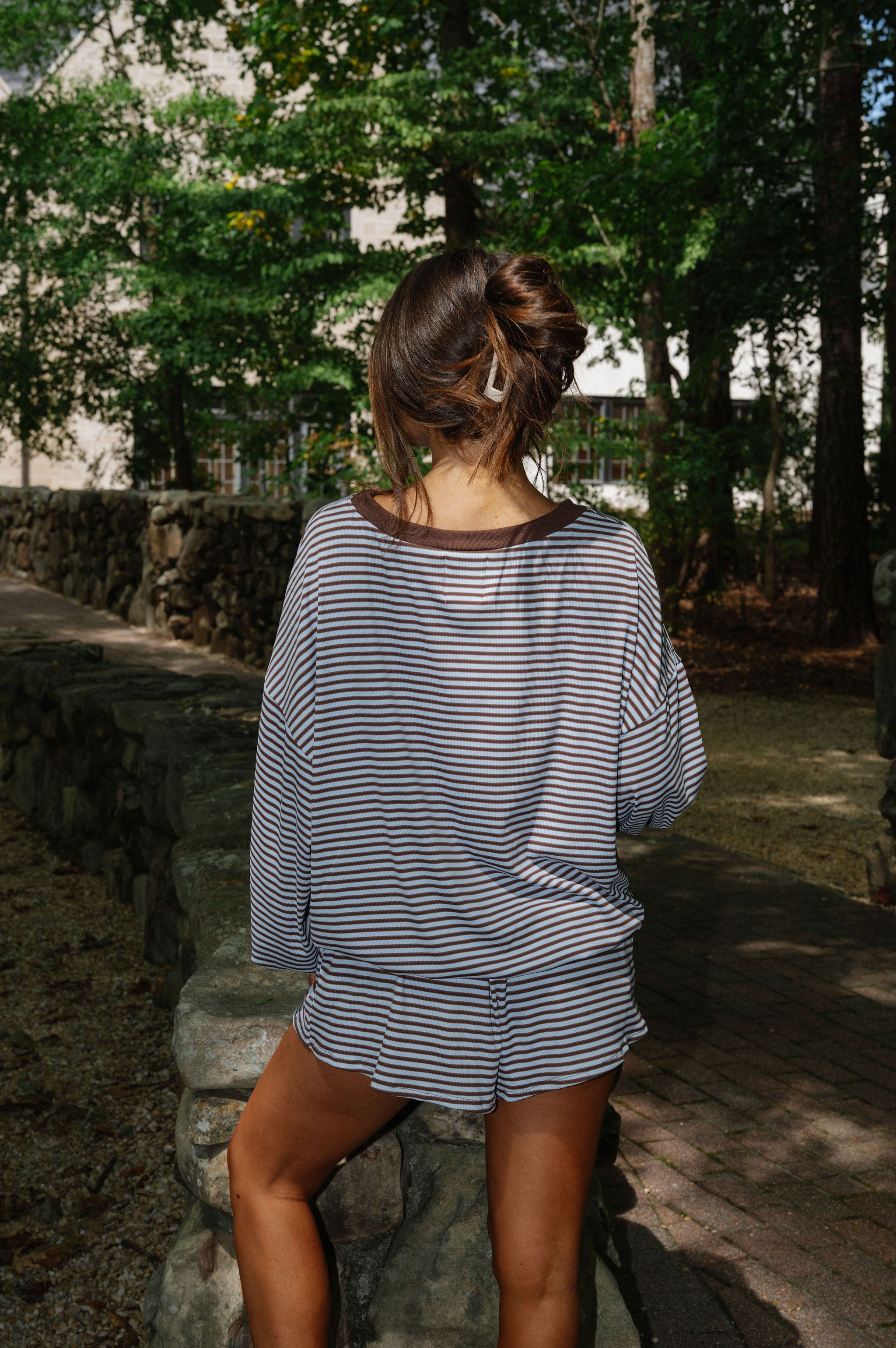 Striped Drawstring Shorts Set-Blue/Brown