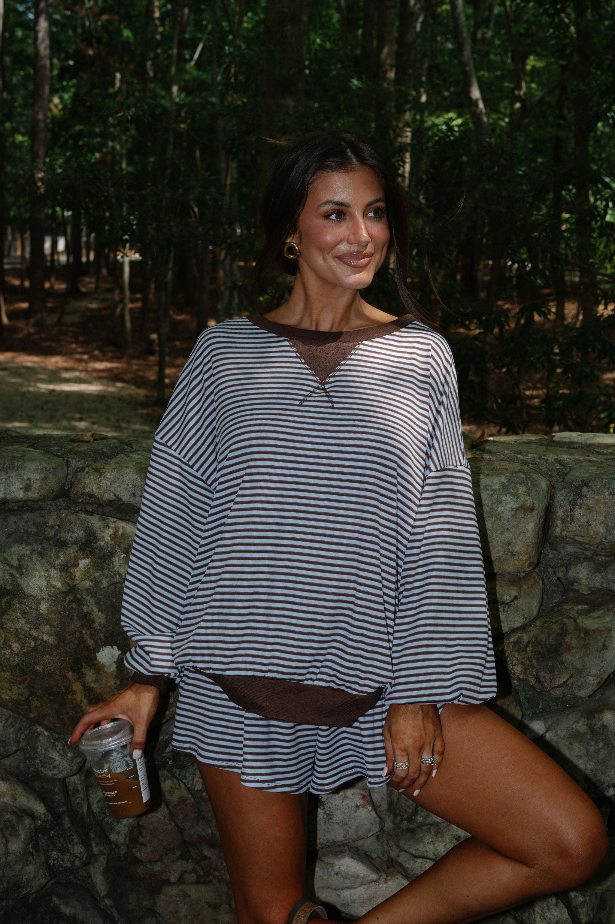 Striped Drawstring Shorts Set-Blue/Brown