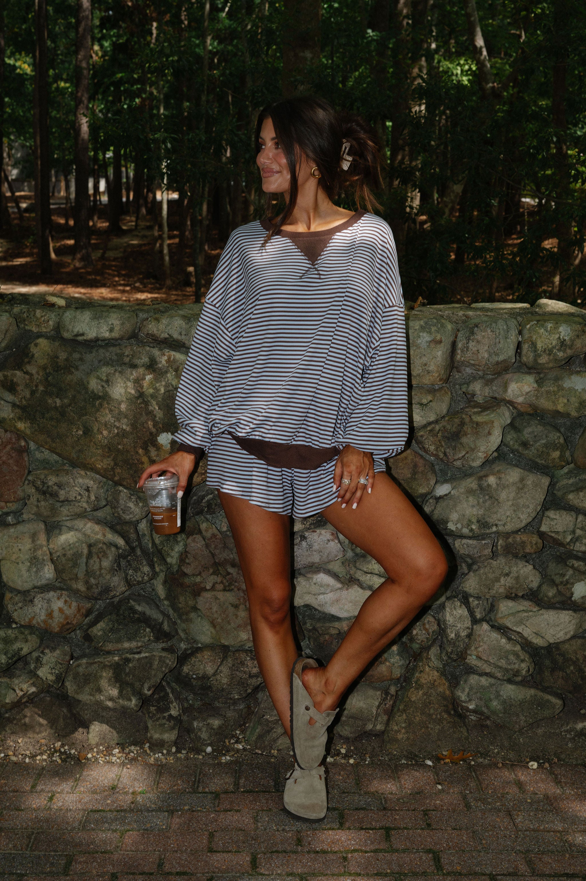 Striped Drawstring Shorts Set-Blue/Brown