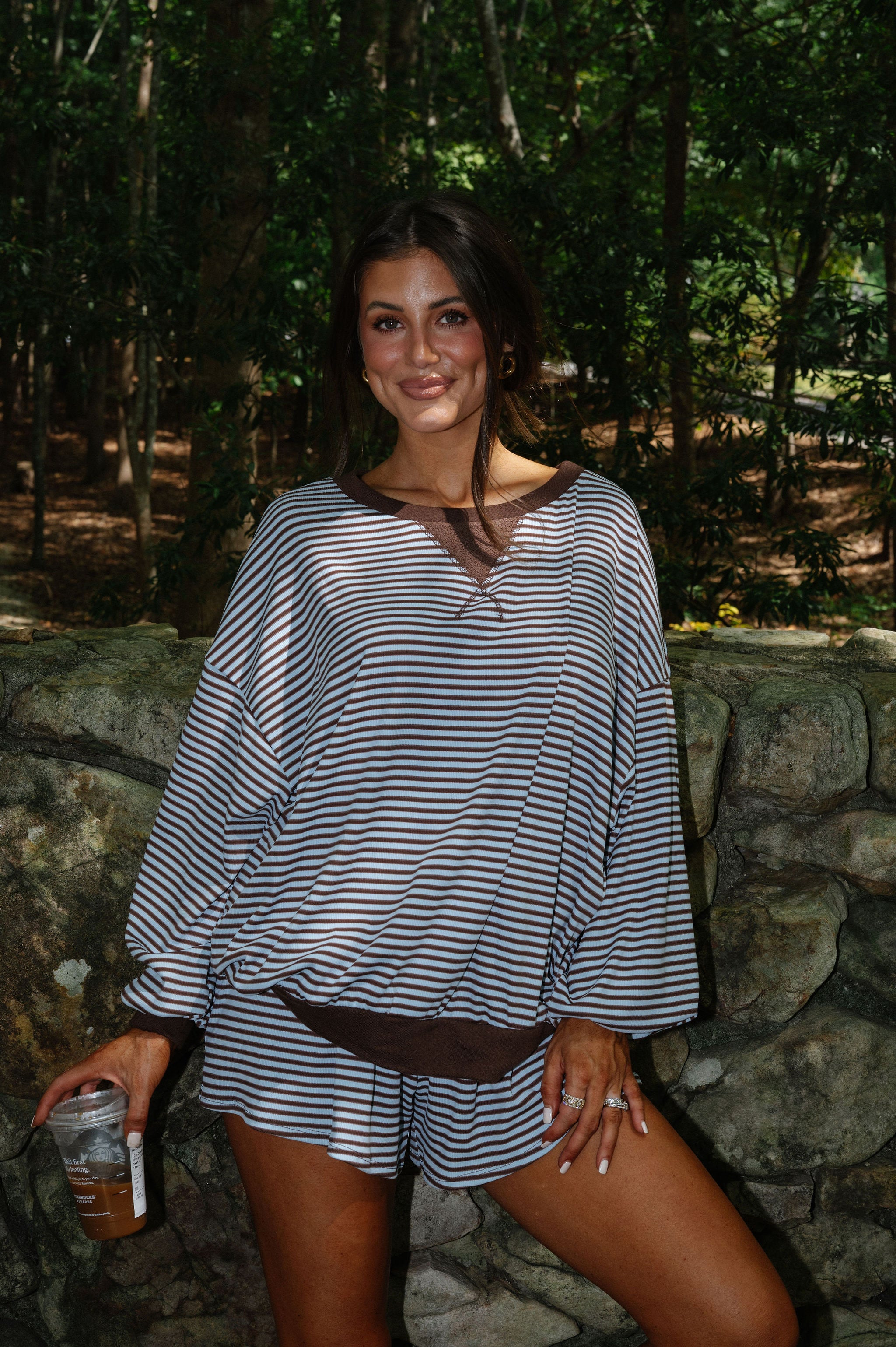 Striped Drawstring Shorts Set-Blue/Brown