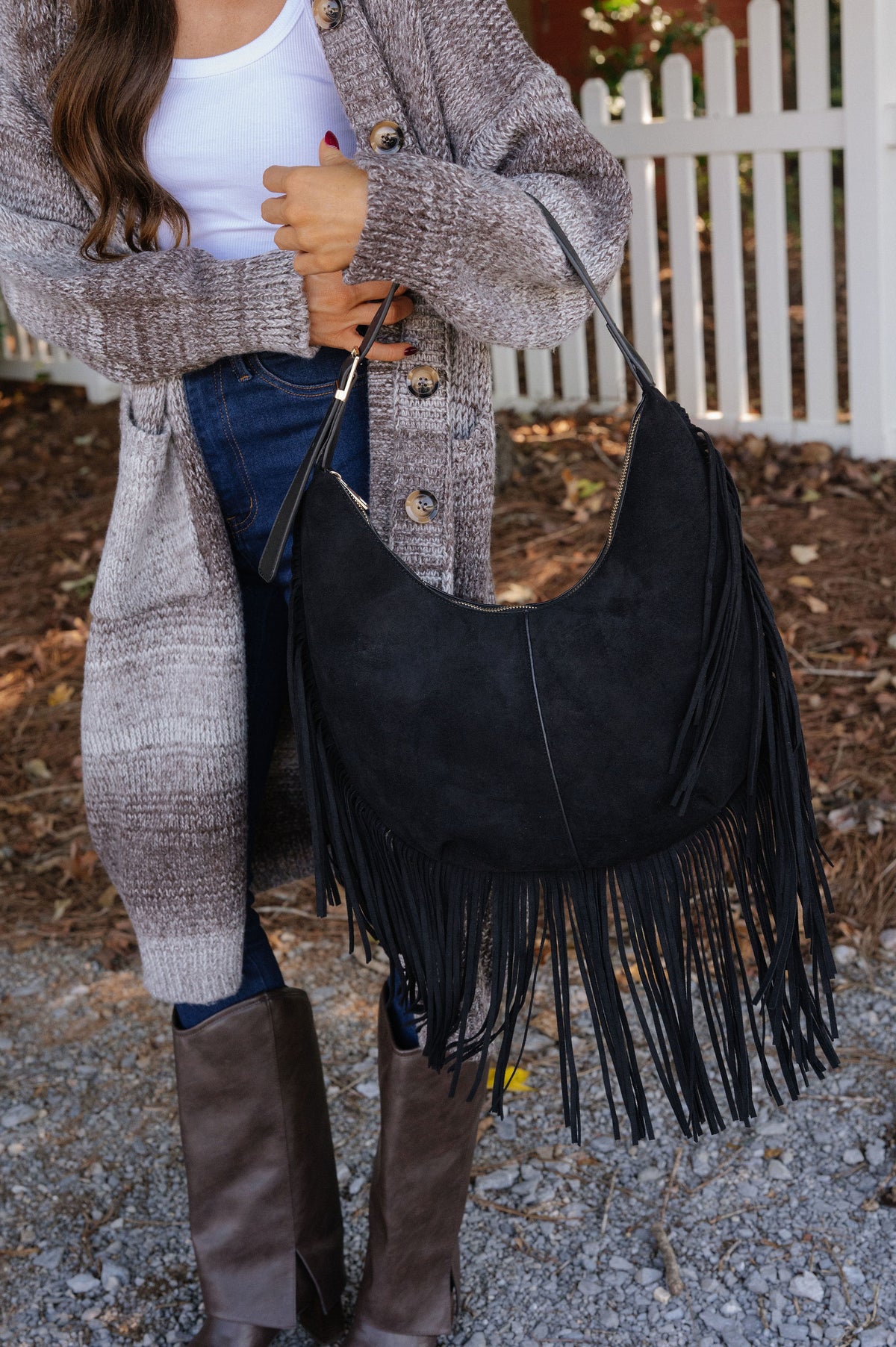 Layered Fringe Shoulder Bag-Black