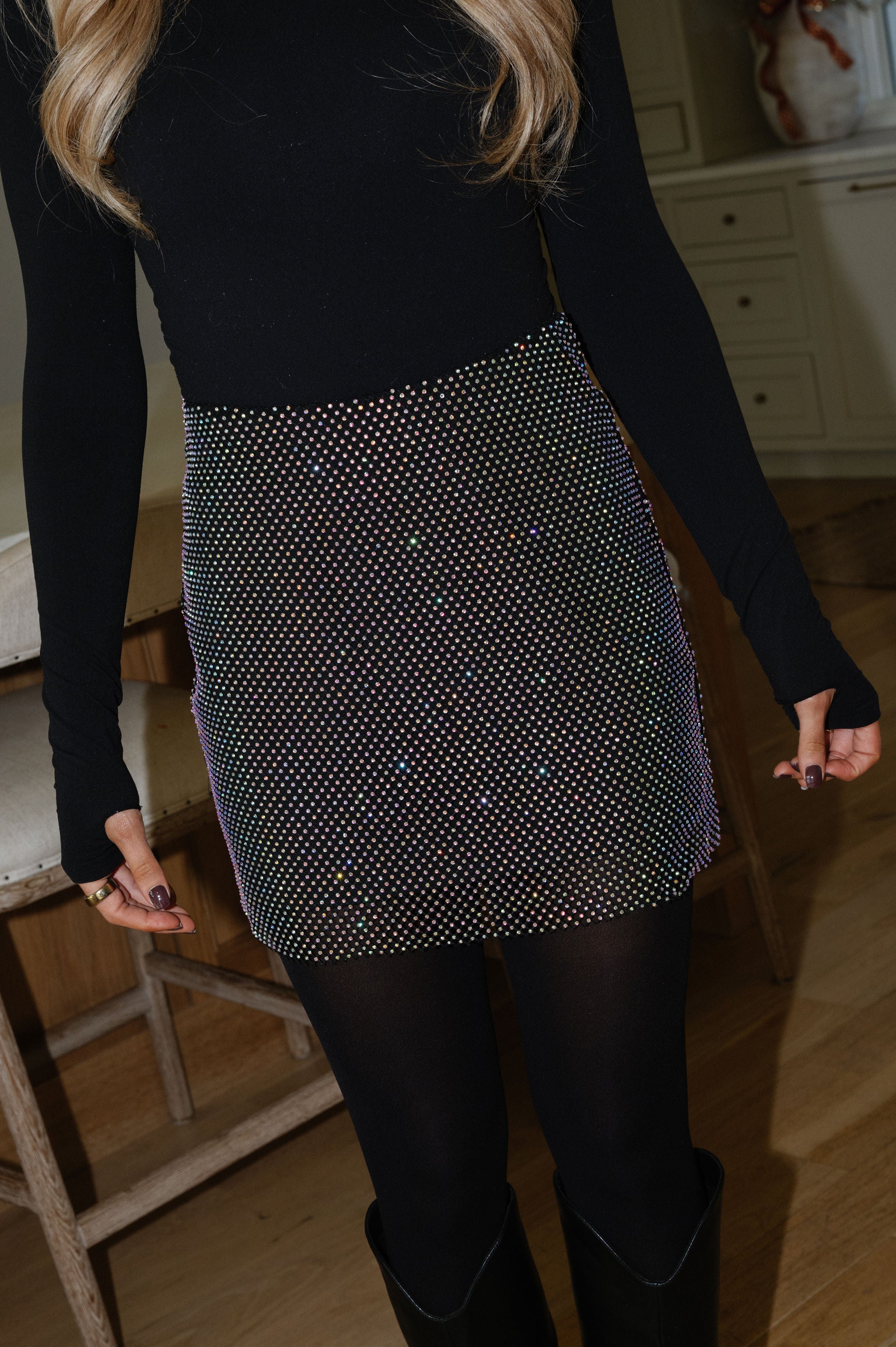 Ana Rhinestone Skirt-Black